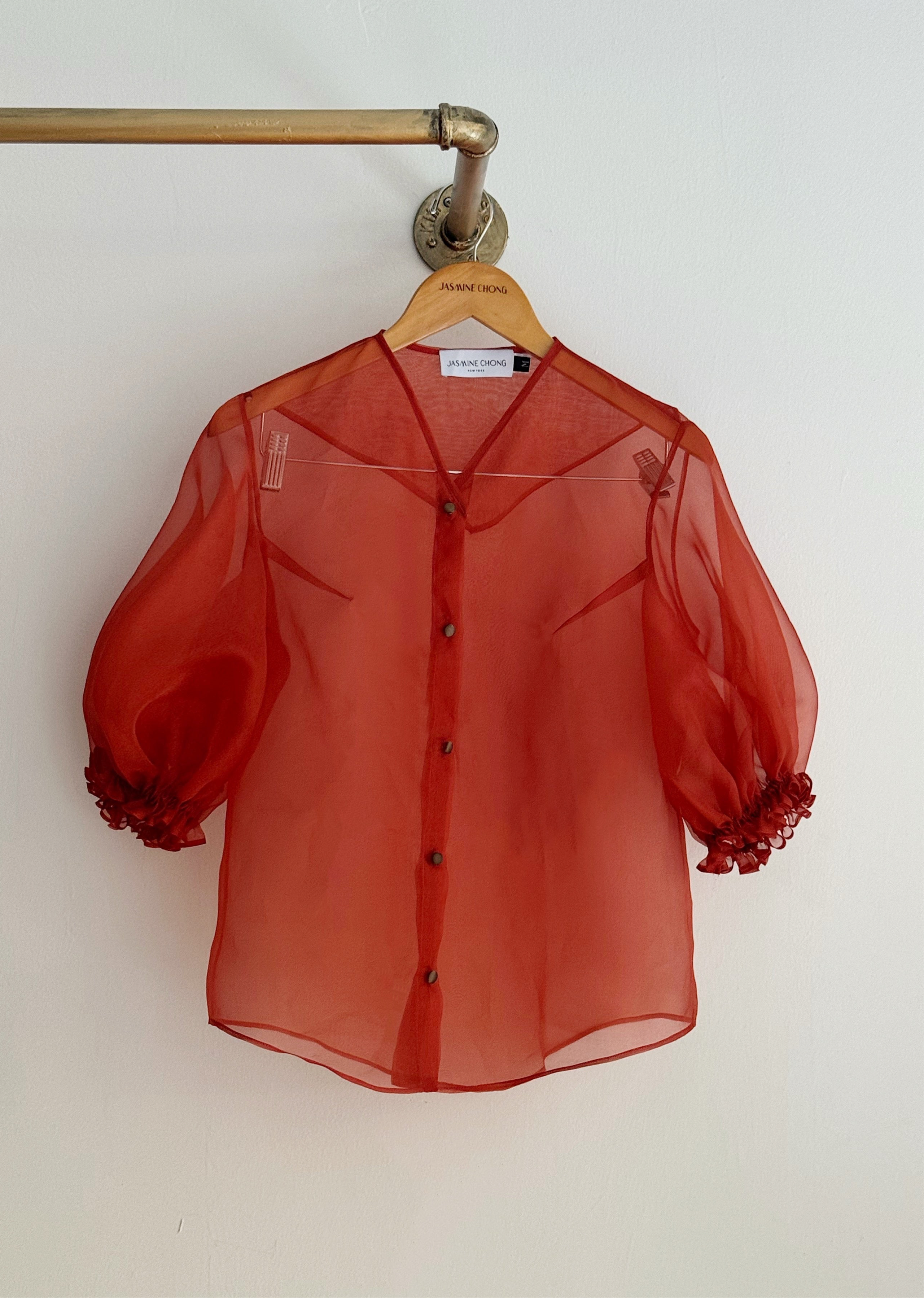 Red sheer blouse on a hanger against a white wall