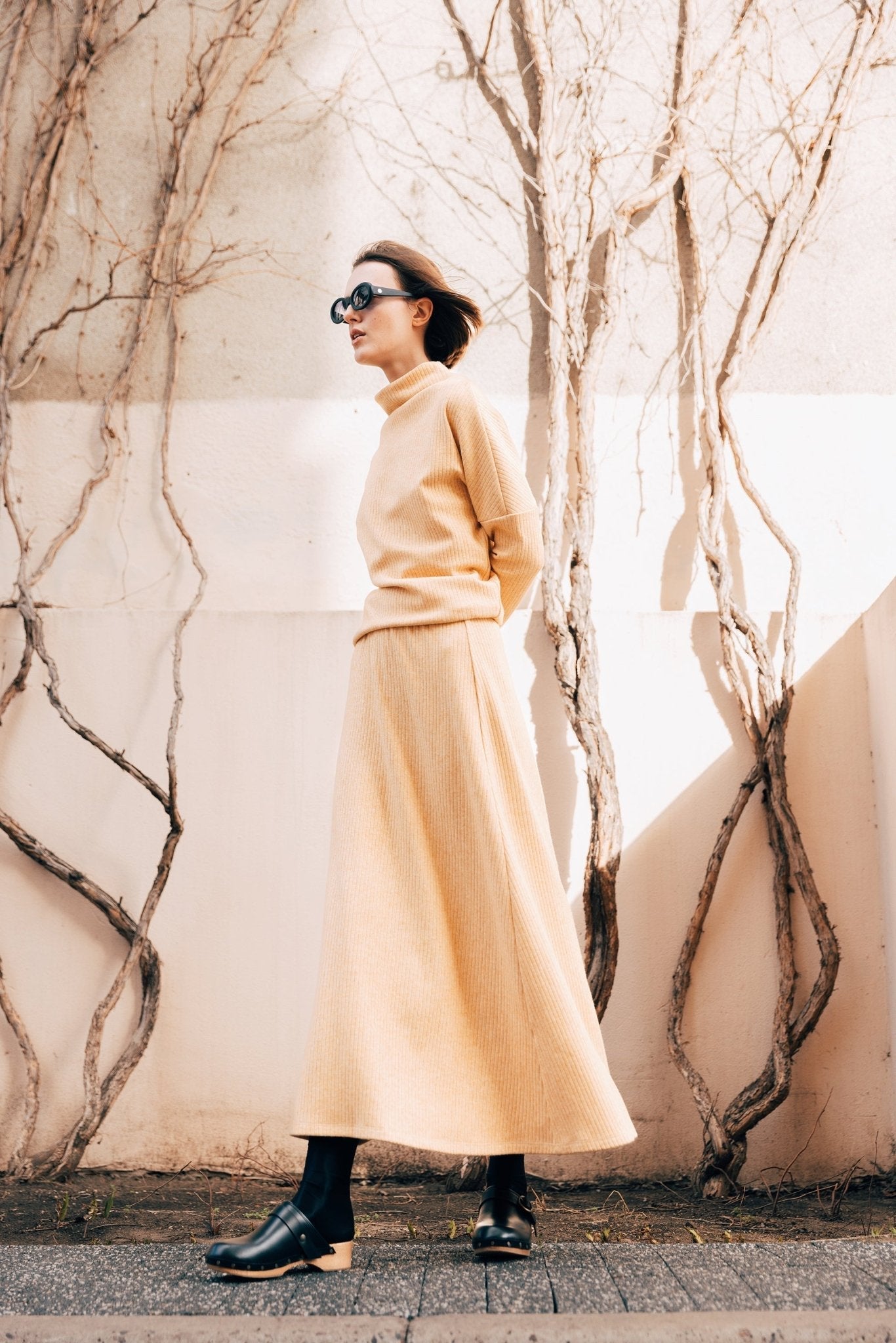 Rib Knit Suit Asymmetric Blouse & Basik Skirt Yellow & Orange - Julia Allert