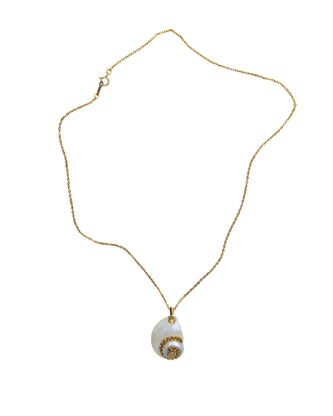 Necklace with a white pendant on a gold chain against a white background