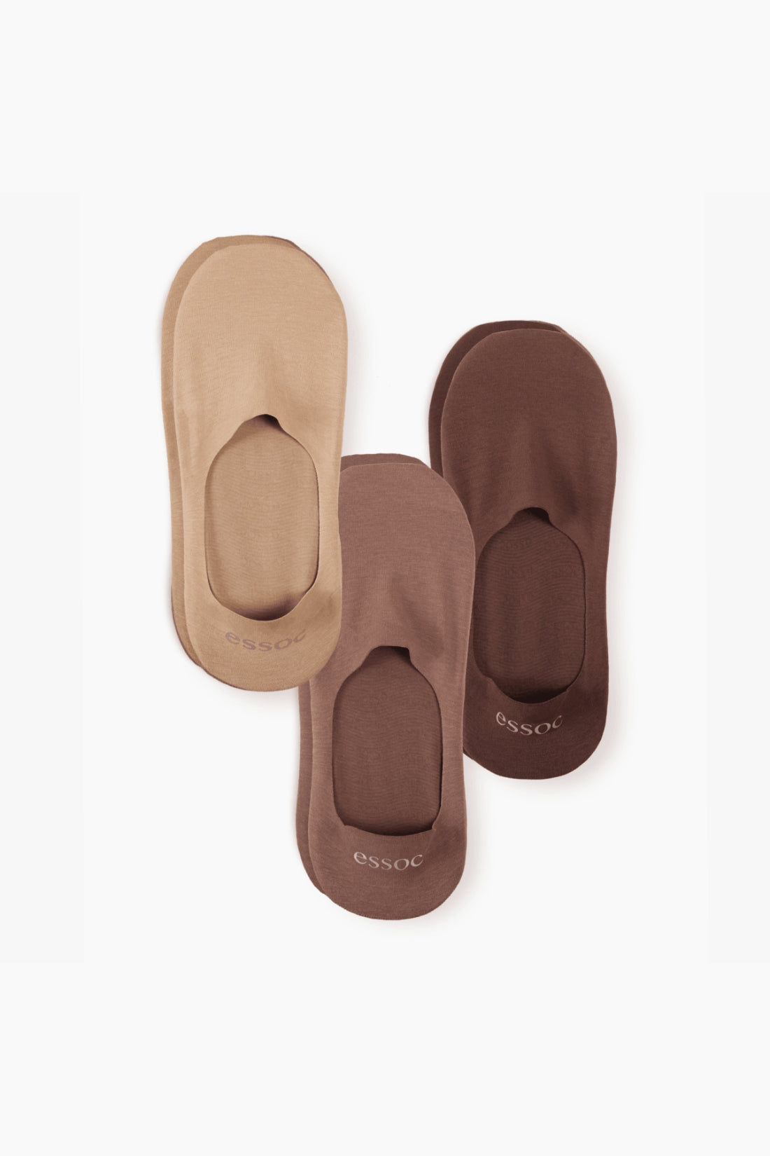 Three pairs of brown and beige insoles on a white background