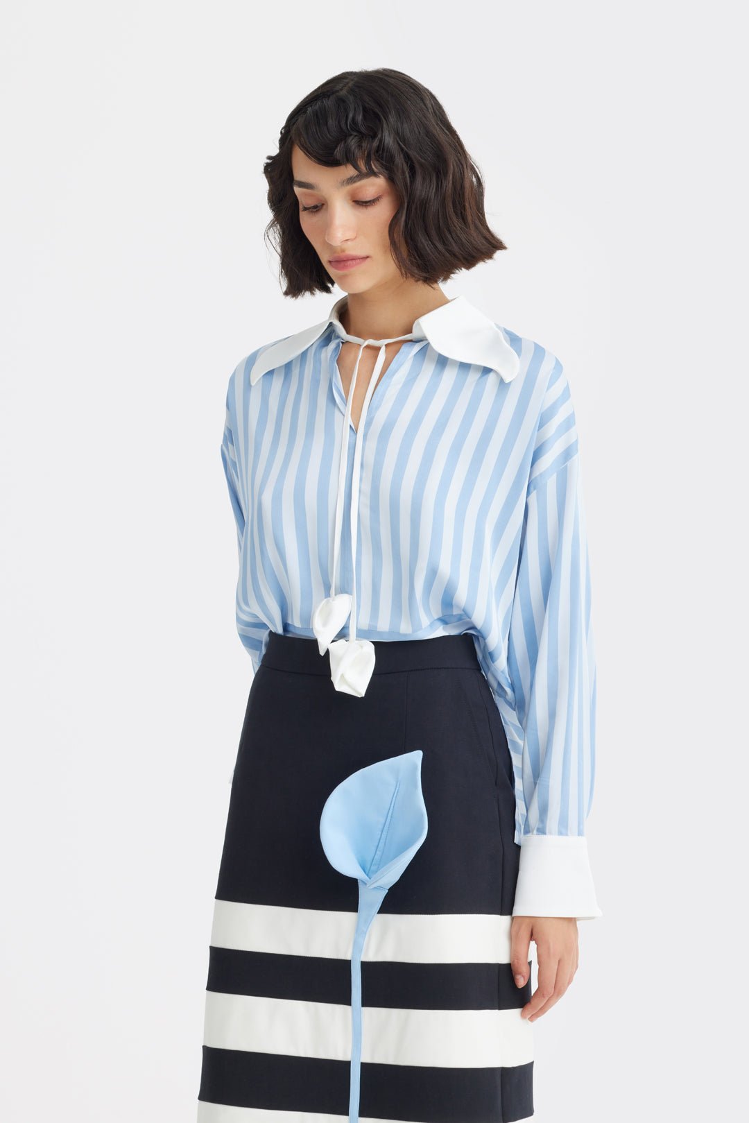 Smart Elegance – Silk-Touch Striped Long-Sleeve Blouse Light Blue - Julia Allert