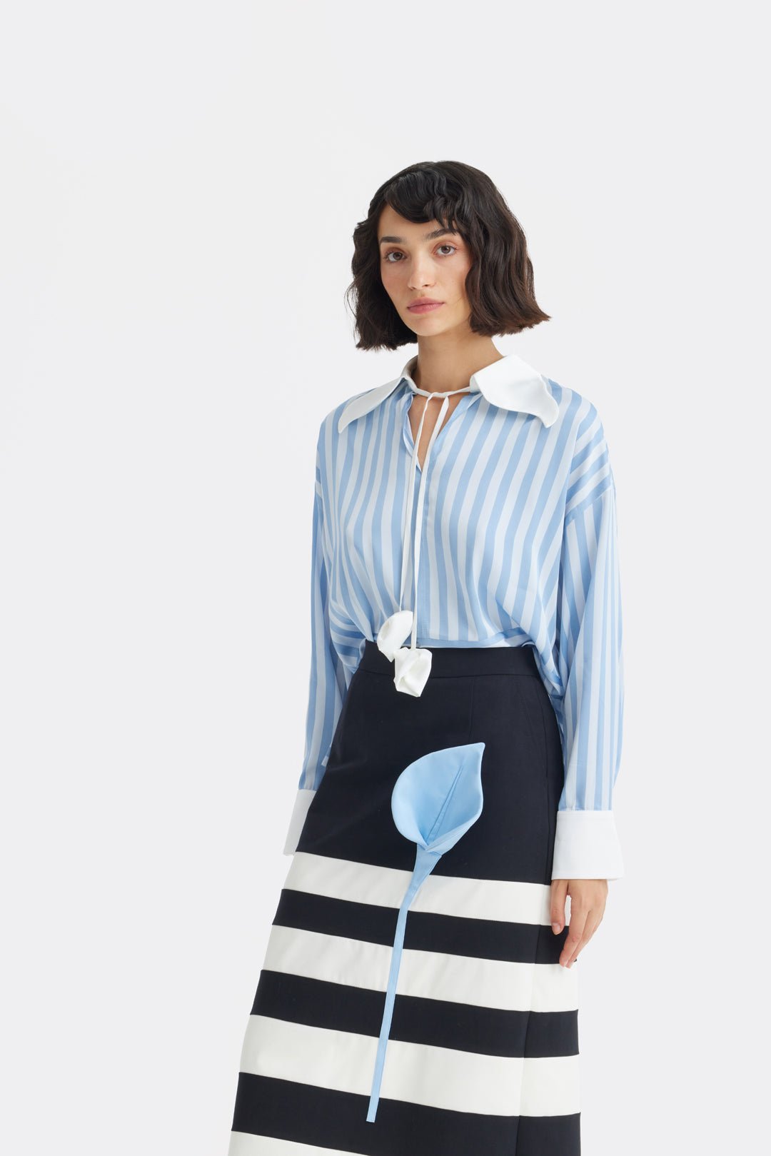 Smart Elegance – Silk-Touch Striped Long-Sleeve Blouse Light Blue - Julia Allert
