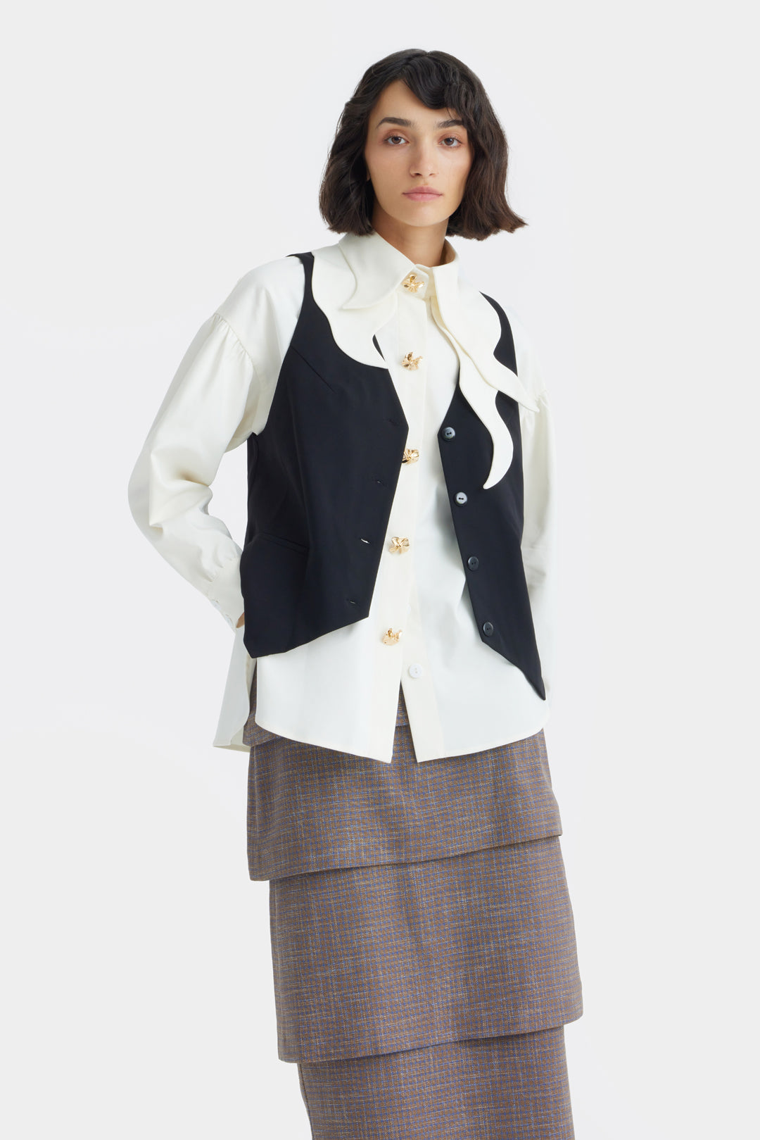 Vintage-Inspired Blouse And Suit Style Vest | Set Ivory & Black