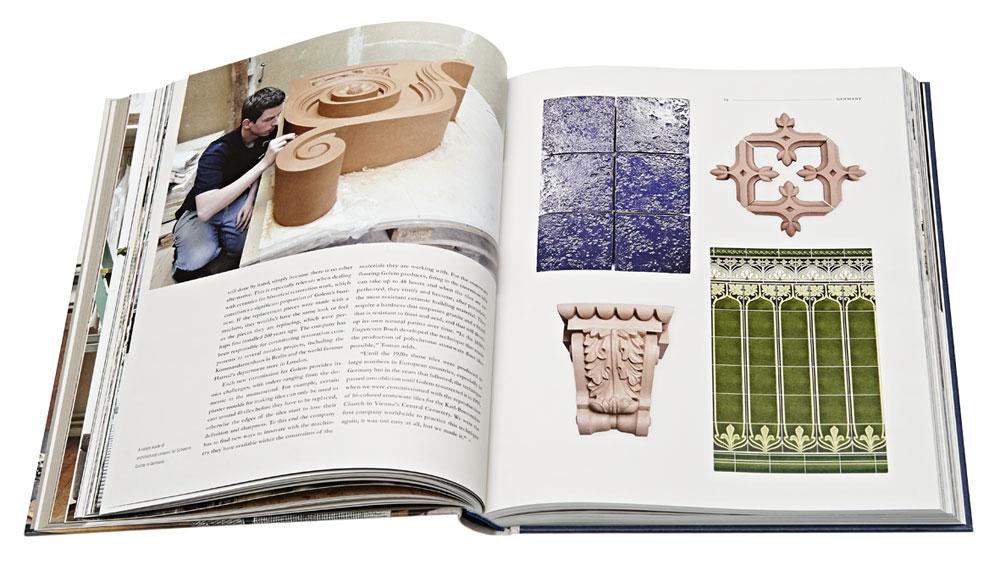 Open book displaying architectural designs and a person working with clay.