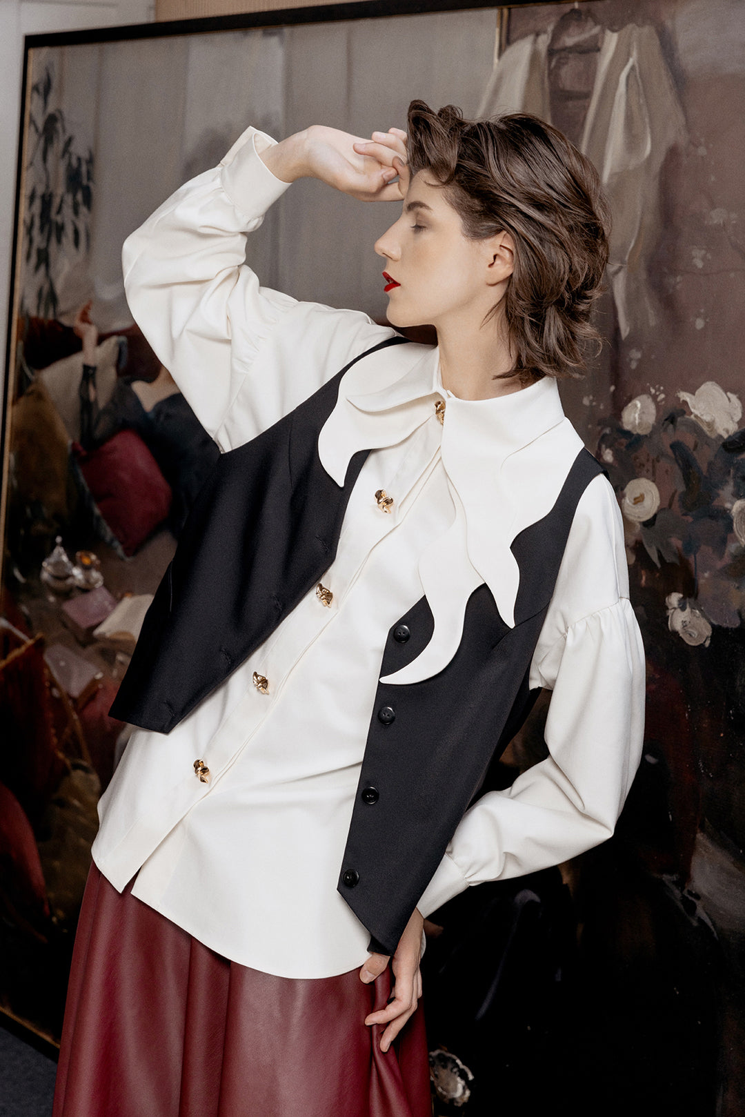 Vintage-Inspired Blouse And Suit Style Vest | Set Ivory & Black