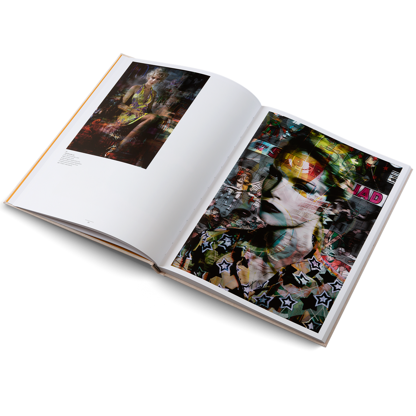 Open book displaying artistic illustrations on a white background