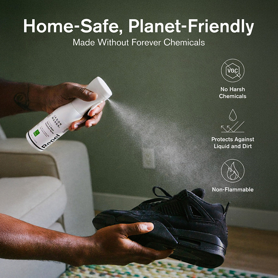 Person cleaning a black shoe with a spray bottle, with text about the product being 'Home-Safe, Planet-Friendly' and 'Made Without Forever Chemicals'.
