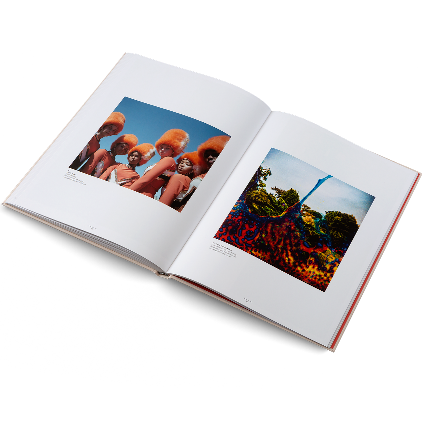 Open photo album showing images of people and nature on a white background