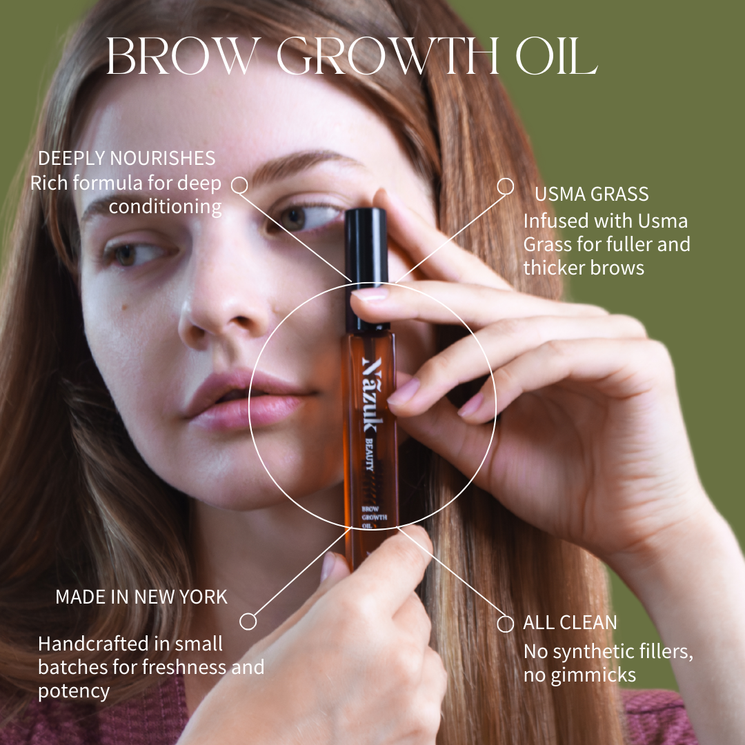 Woman applying Nazuk Beauty brow growth oil with product details on a green background