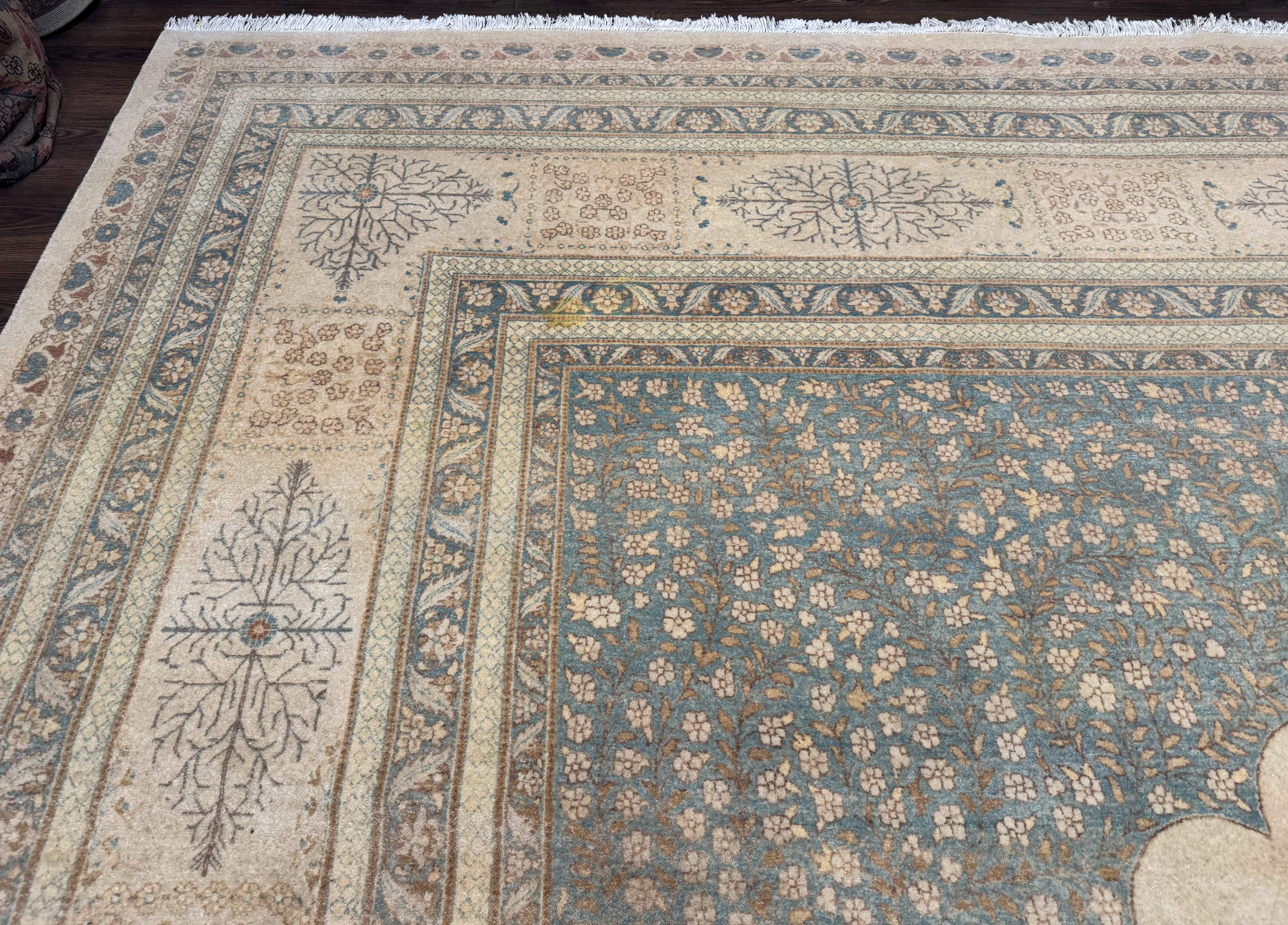 Palace Sized Pakistani Rug 12x18 | Haji Jalili Design, Oat and Light Blue | Fine 260 KPSI