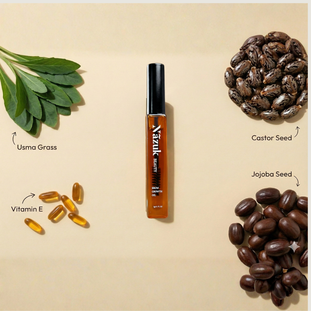 Vial labeled 'Nizalk' with ingredients like usma grass, castor seed, jojoba seed, and vitamin E on a beige background.
