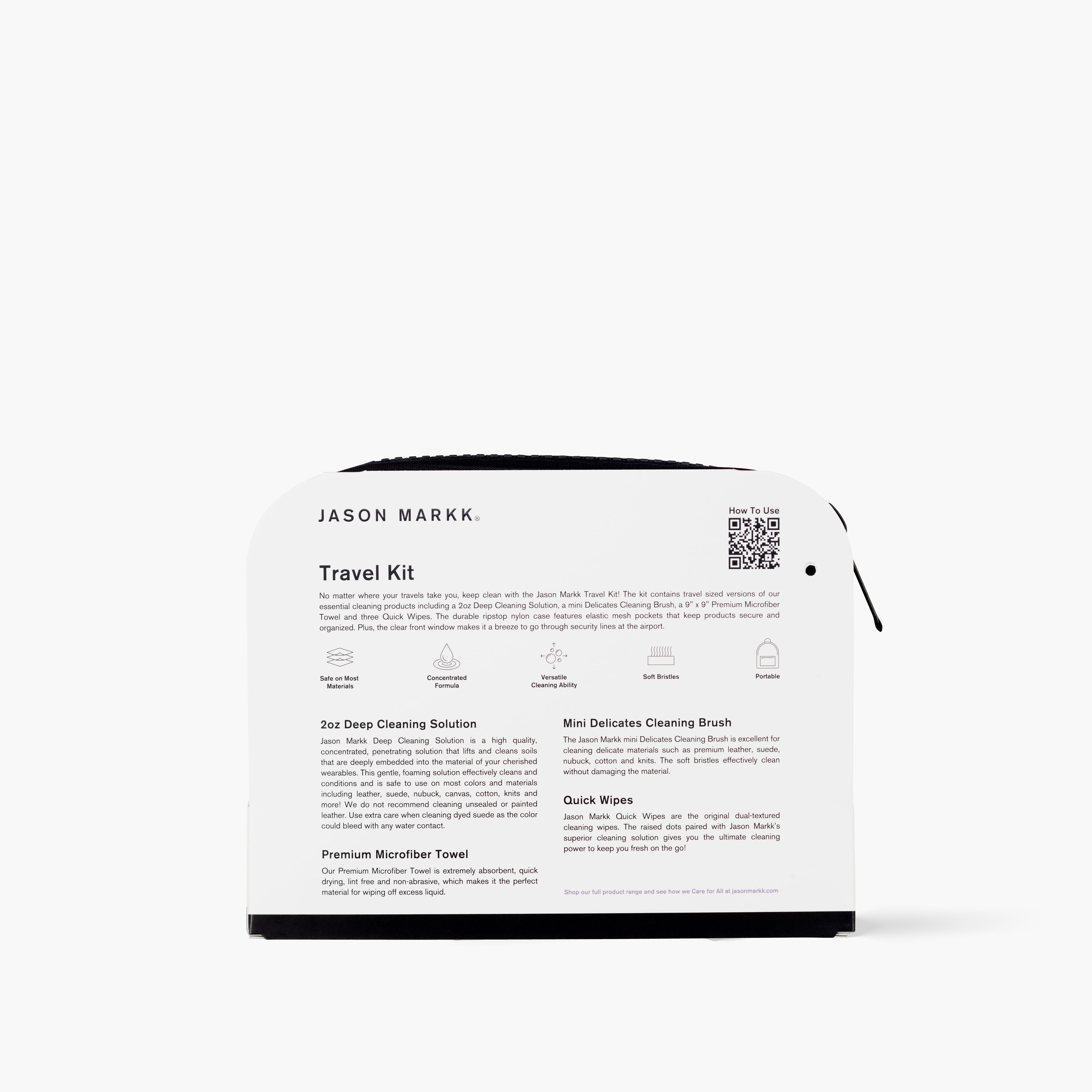 Jason Markk travel kit packaging with product details on a white background