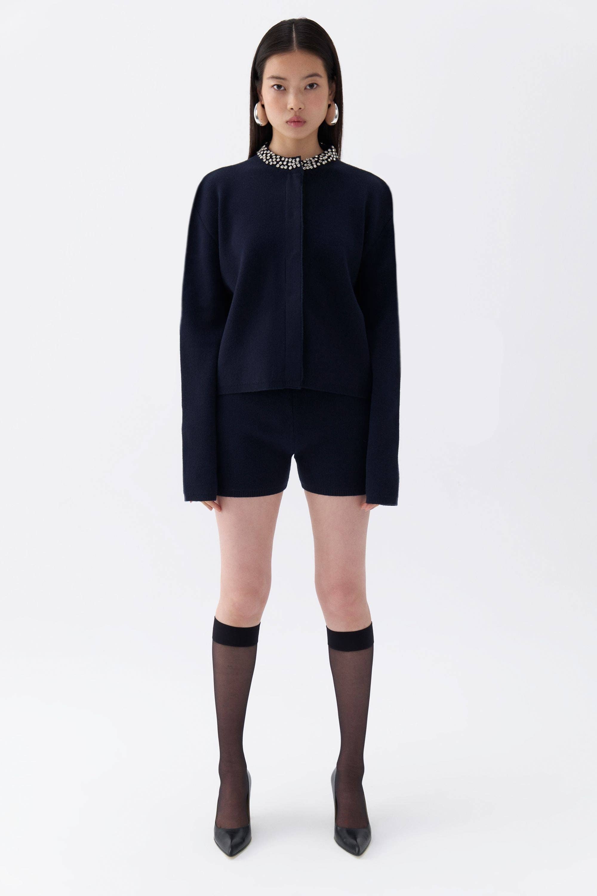 Shiny Stone Collar Knit Cardigan