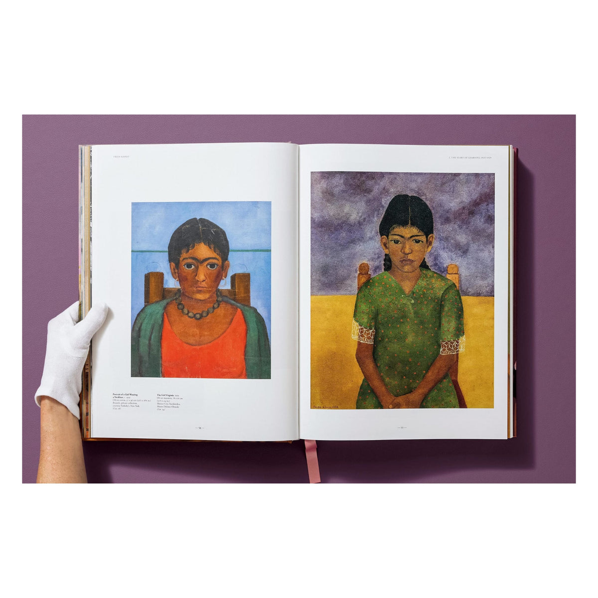 Open book displaying two paintings of a woman with a gloved hand holding it.