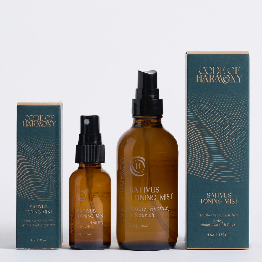 Two bottles of Sativus Toning Mist from Code of Harmony with their packaging on a light gray background.