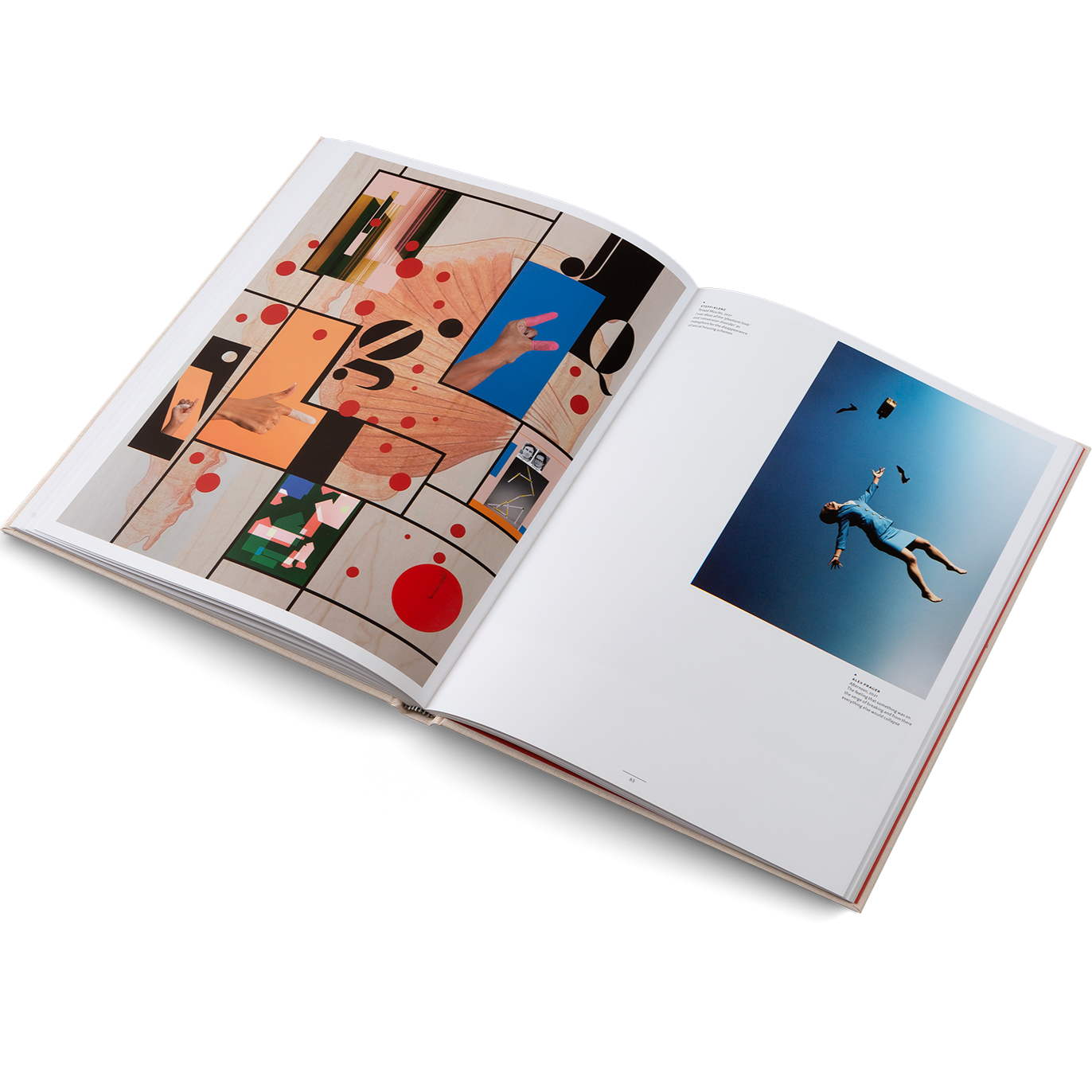 Open book showing two pages with abstract art and a person in a swimsuit.