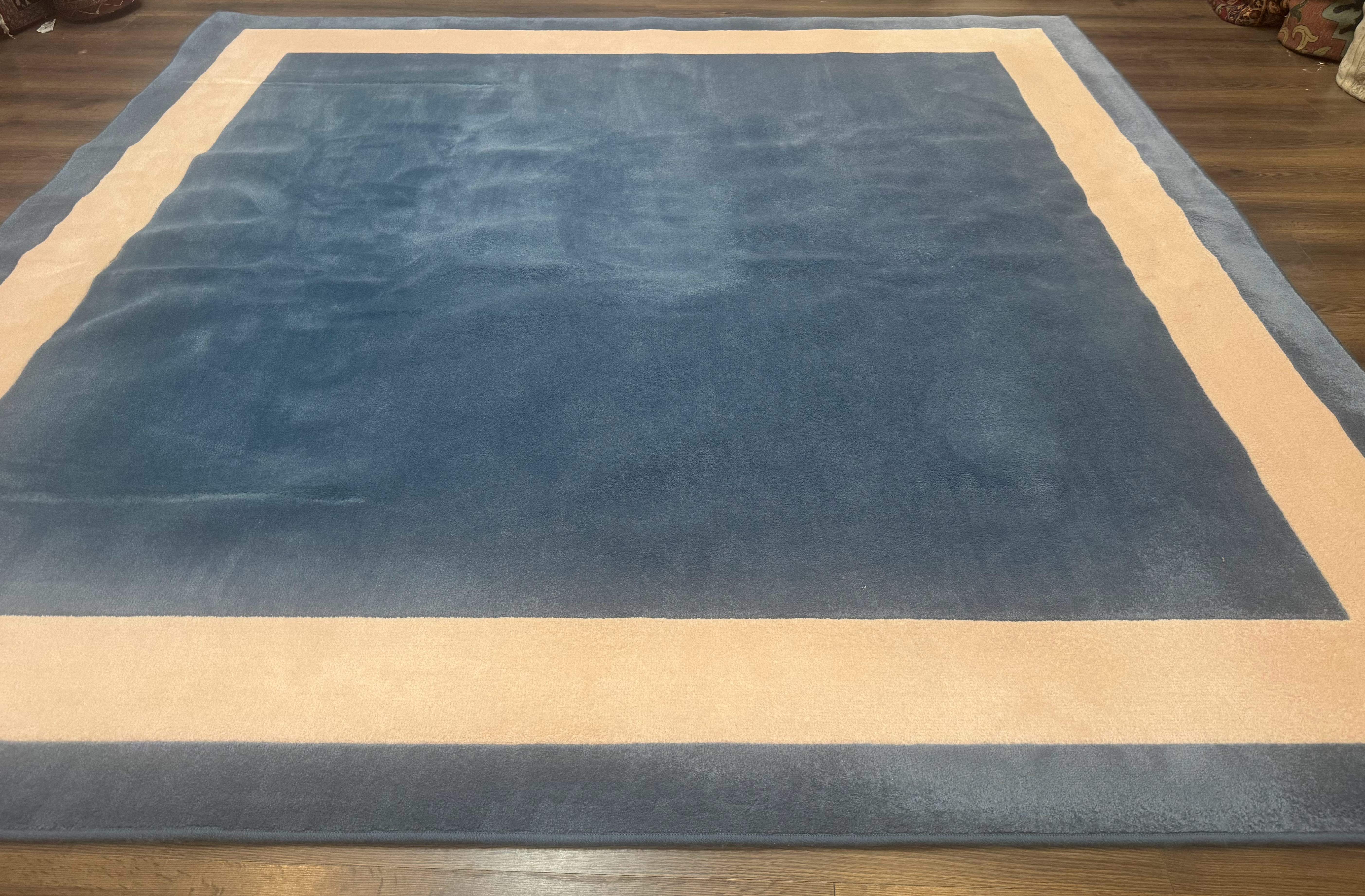 Blue and Cream Square Rug | 10x10 ft, Large Square Carpet