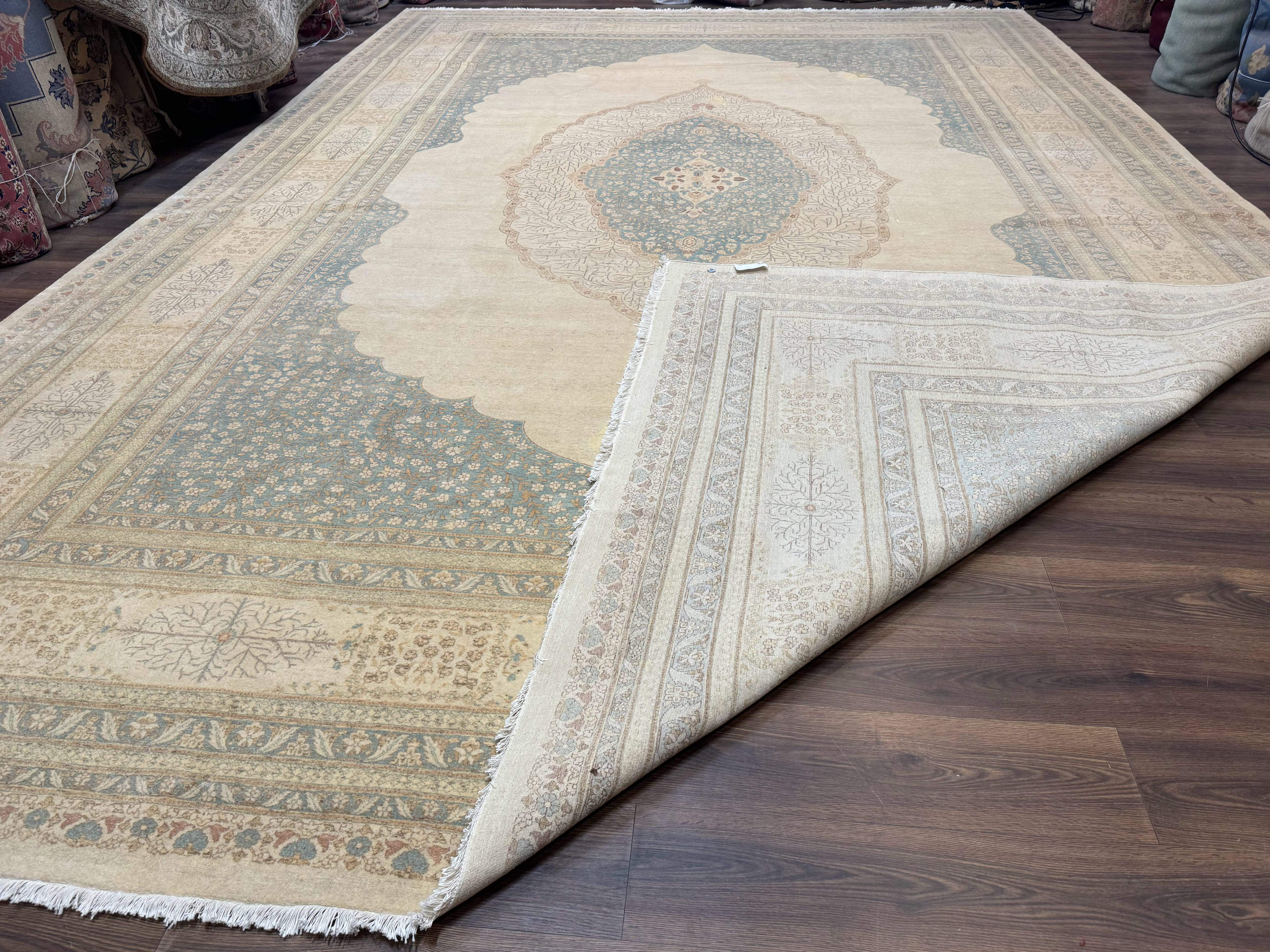 Palace Sized Pakistani Rug 12x18 | Haji Jalili Design, Oat and Light Blue | Fine 260 KPSI