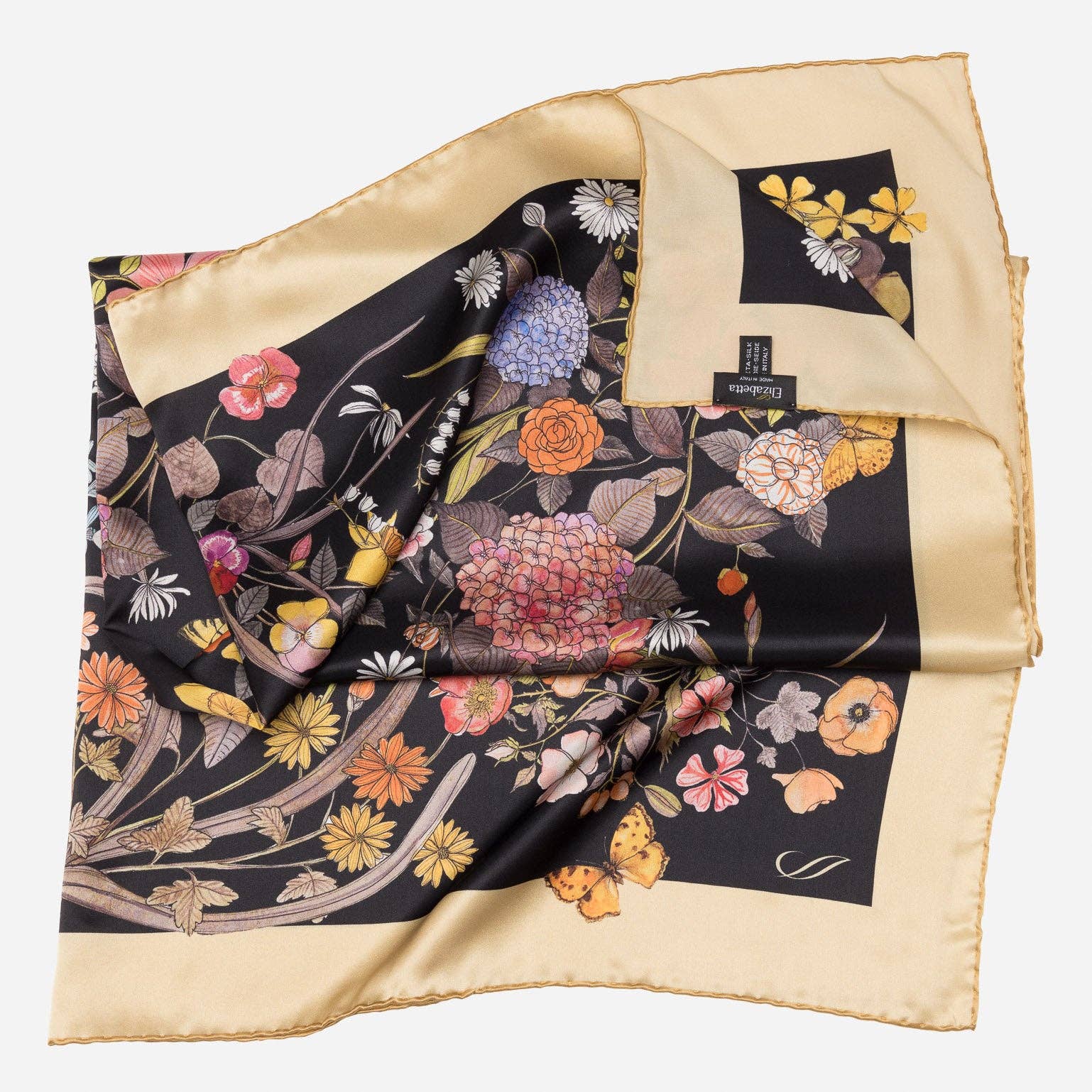 Flora - Hand Rolled Black Silk Foulard