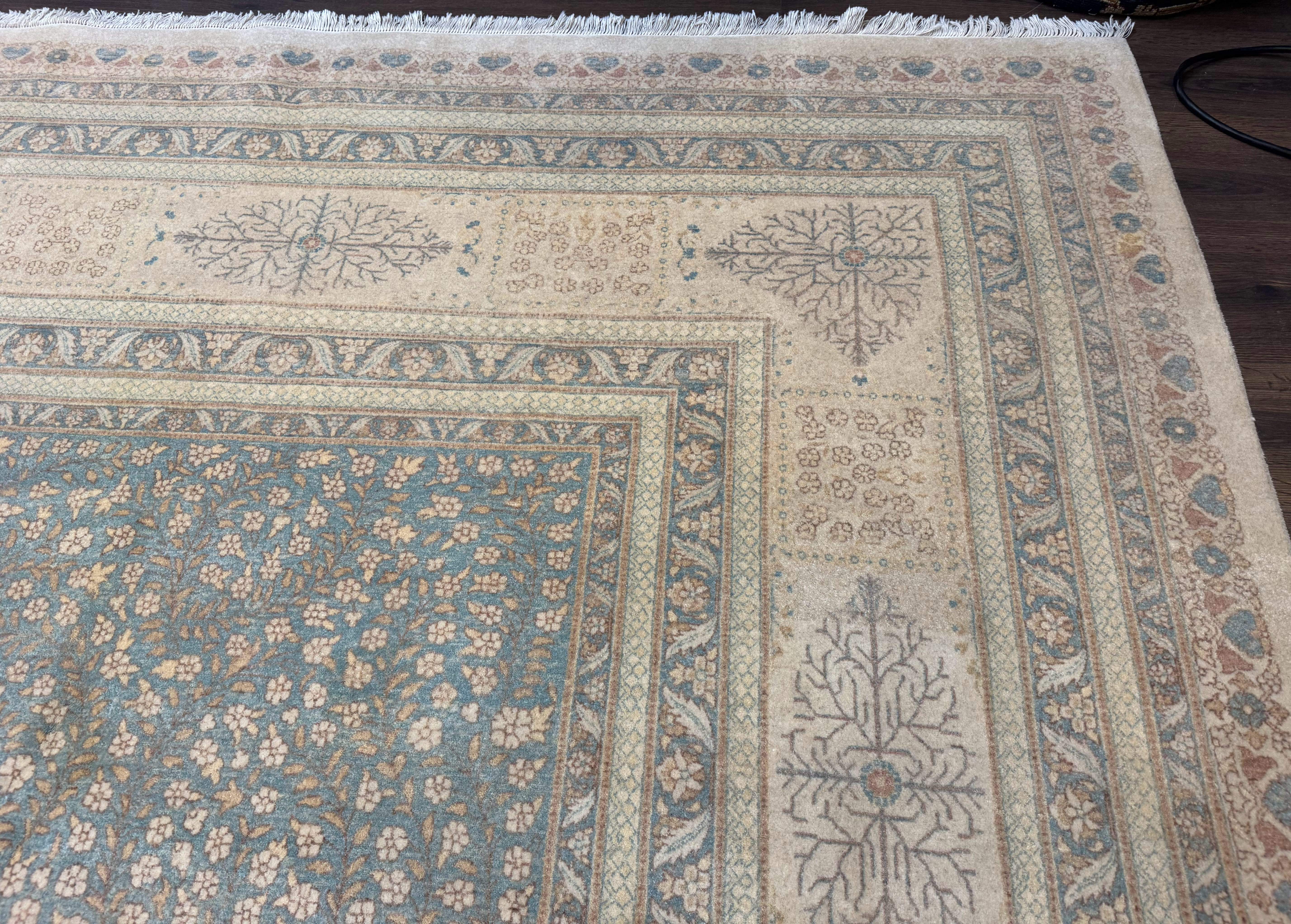 Palace Sized Pakistani Rug 12x18 | Haji Jalili Design, Oat and Light Blue | Fine 260 KPSI