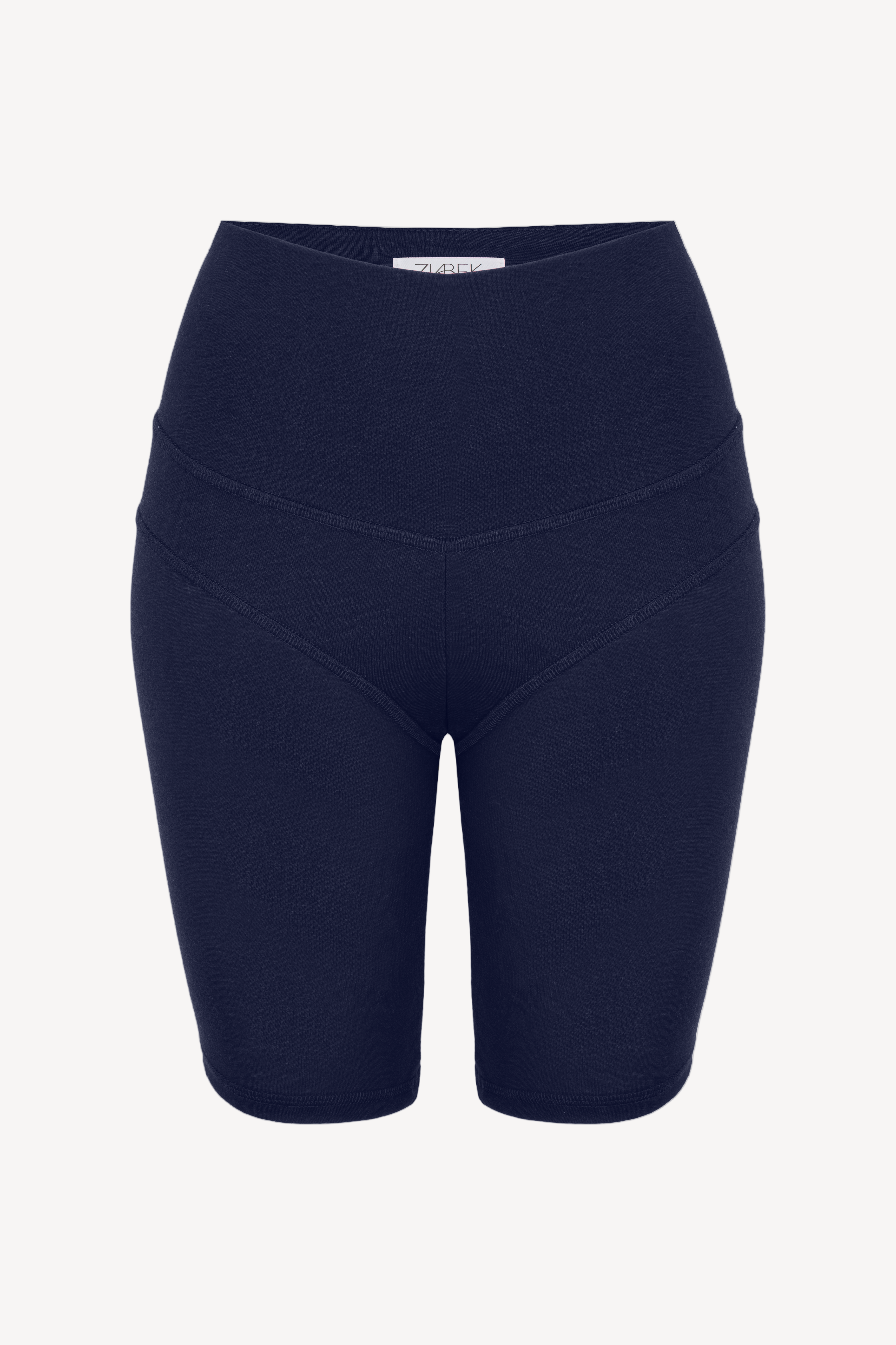 Navy blue athletic shorts on a light gray background