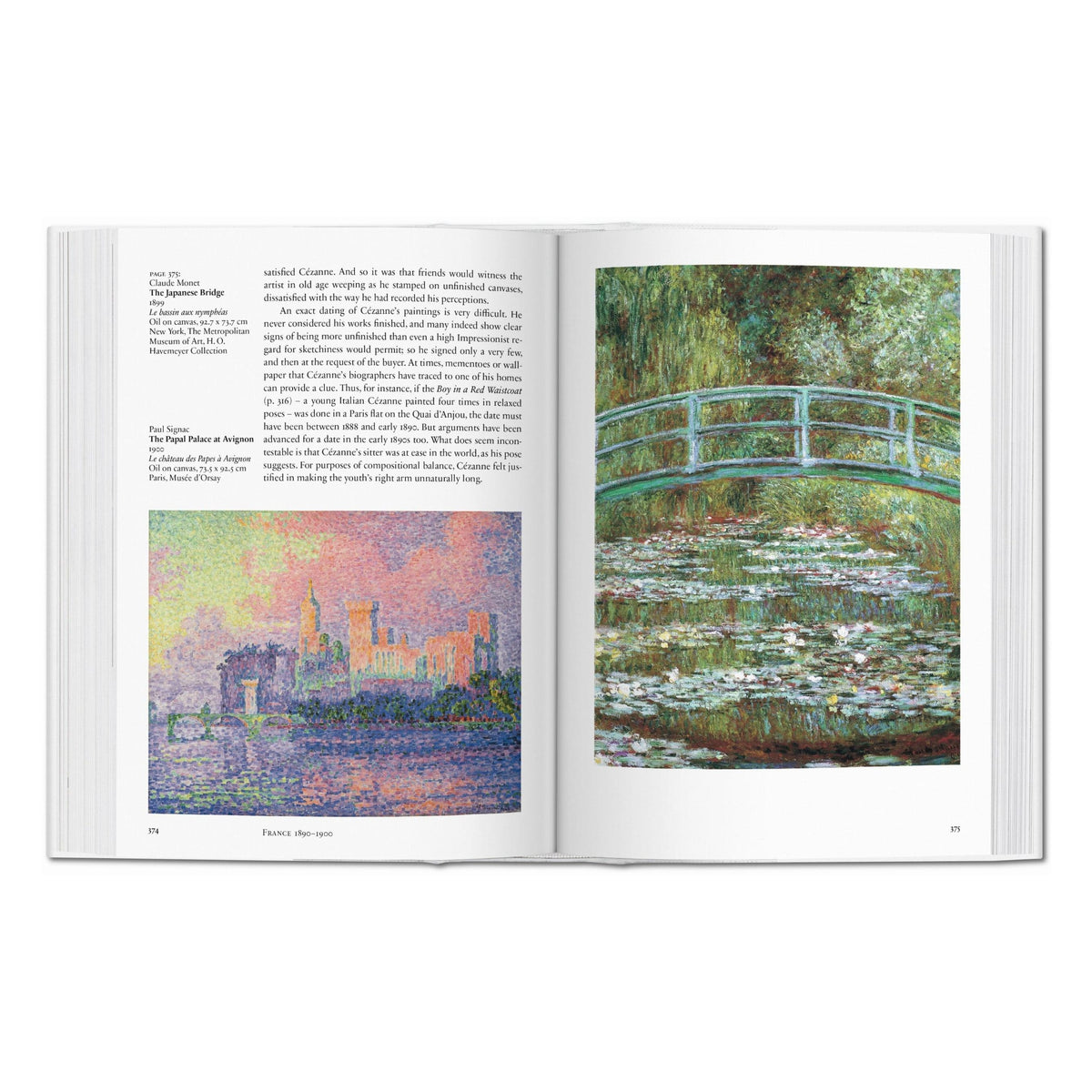 Open book showing two artworks by Monet, one of a bridge over water lilies and another of a castle.
