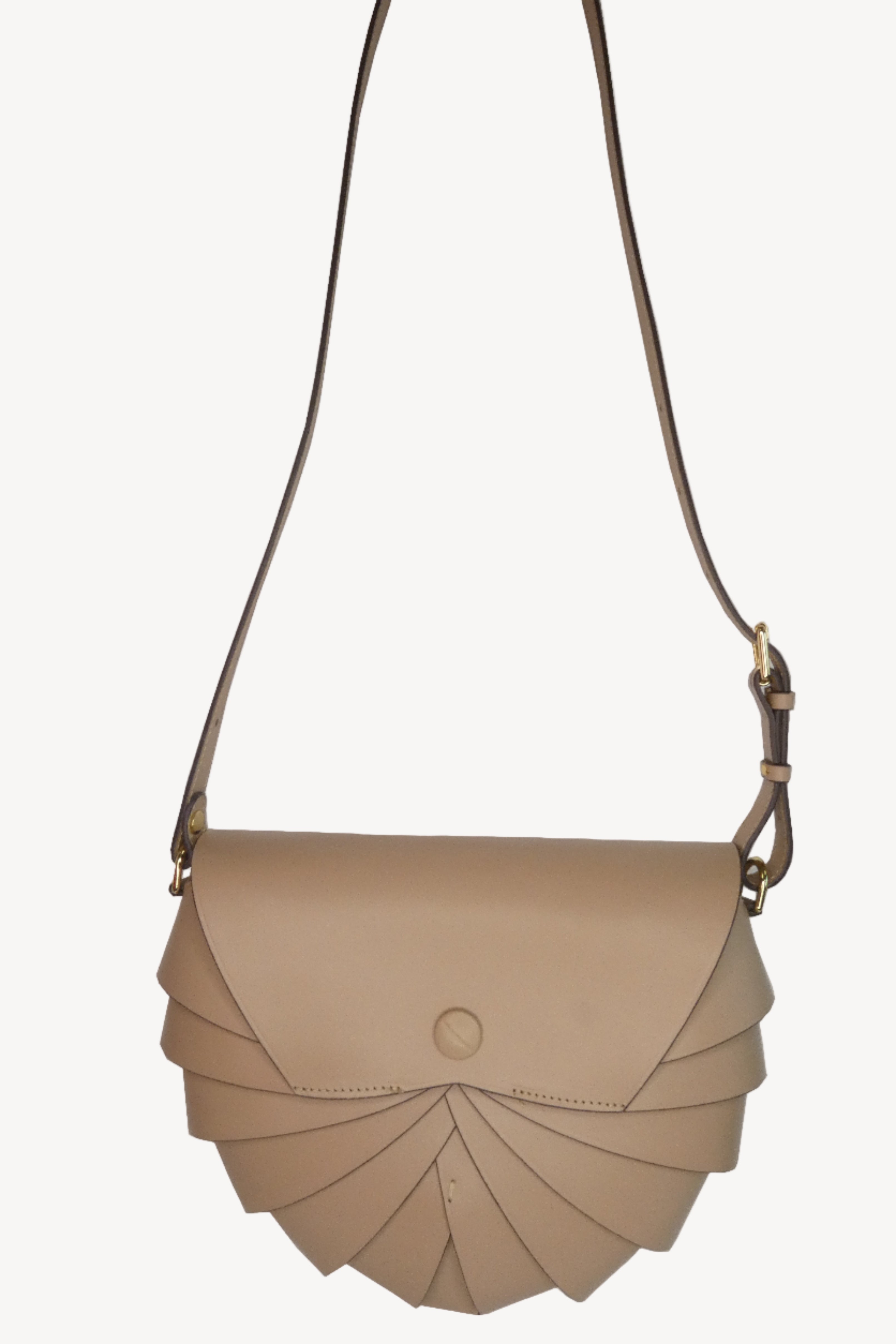 Beige handbag with a unique design on a white background