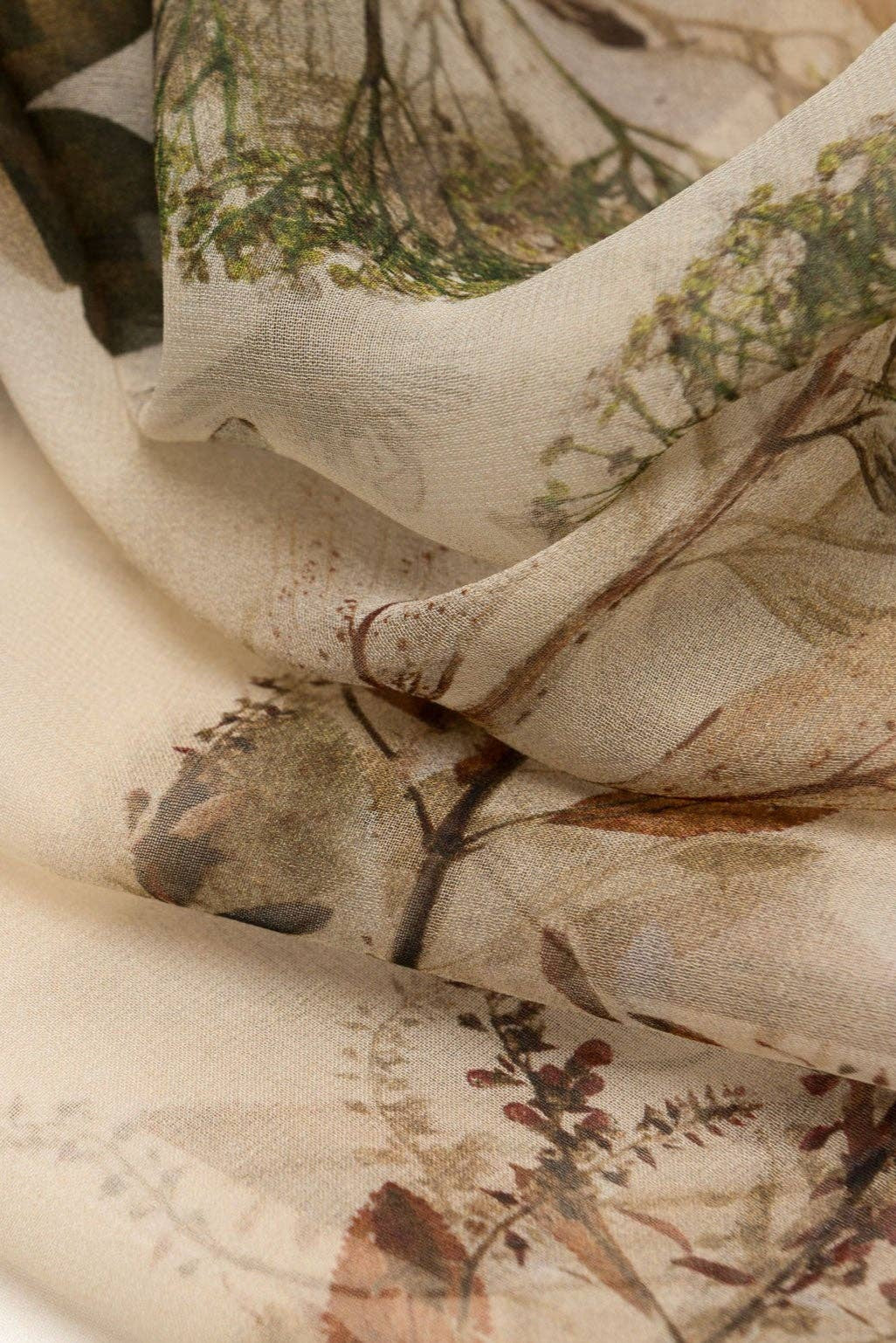 Close-up of a scarf with nature-themed design on a white background