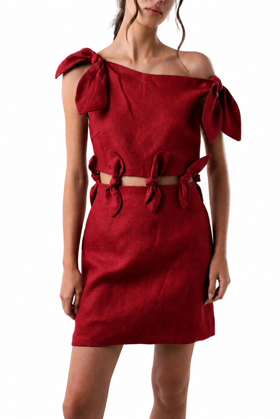 Red off-shoulder dress with bow details on a white background