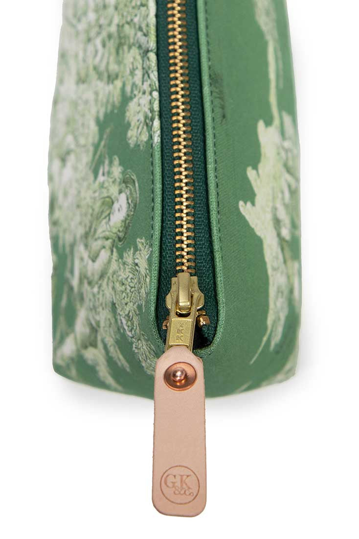 Green marble-patterned pouch with a gold zipper and pink pull tab on a white background