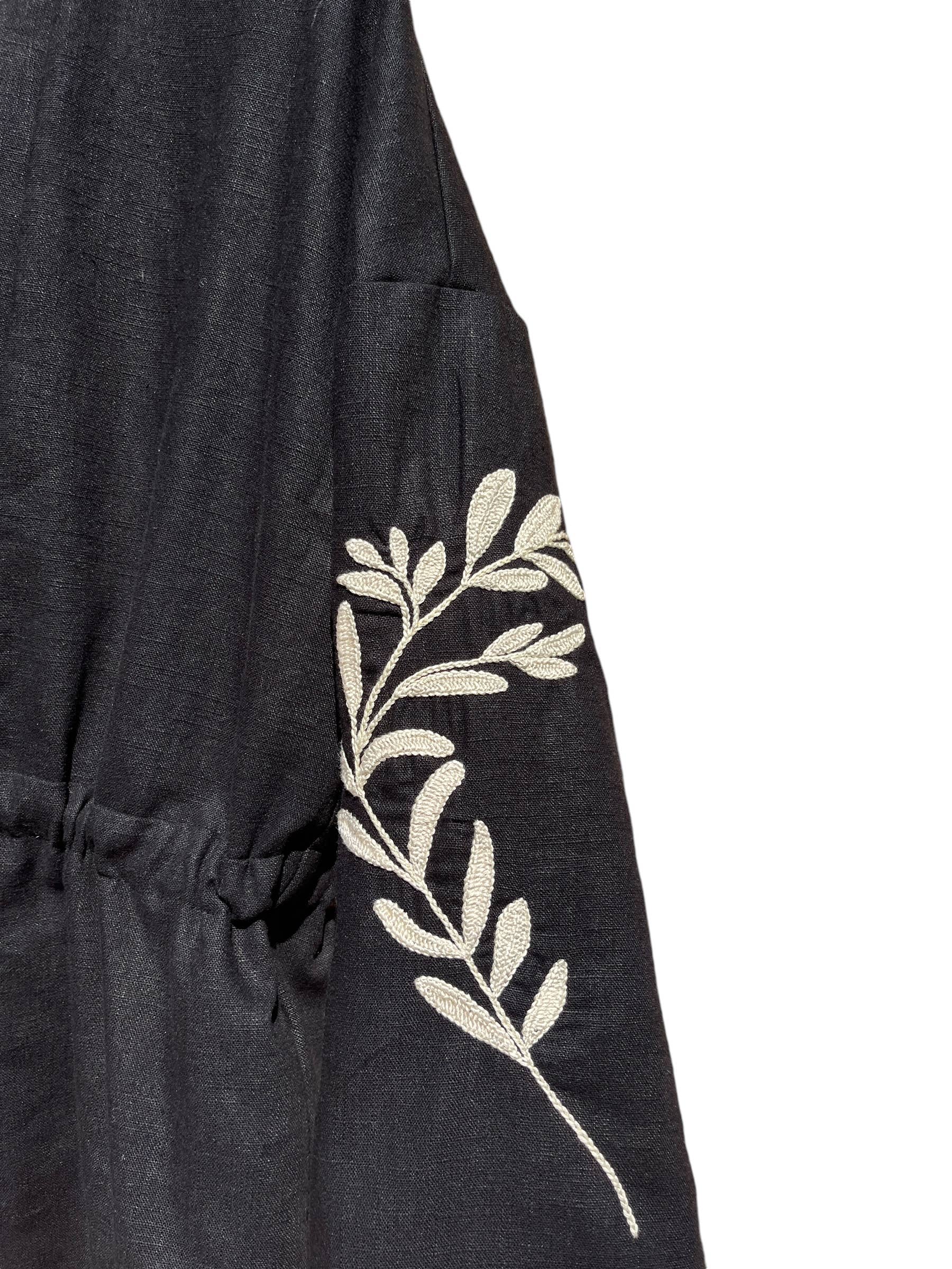Nopal Jacket in Hand Embroidered Black Canvas Linen