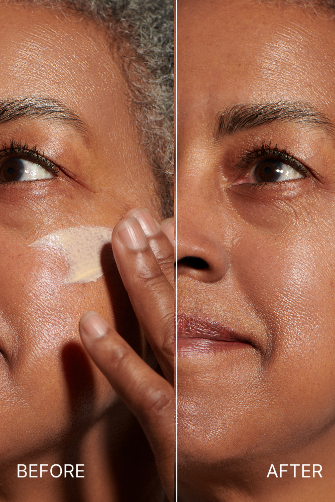 Before and after comparison of a woman applying makeup to her face.