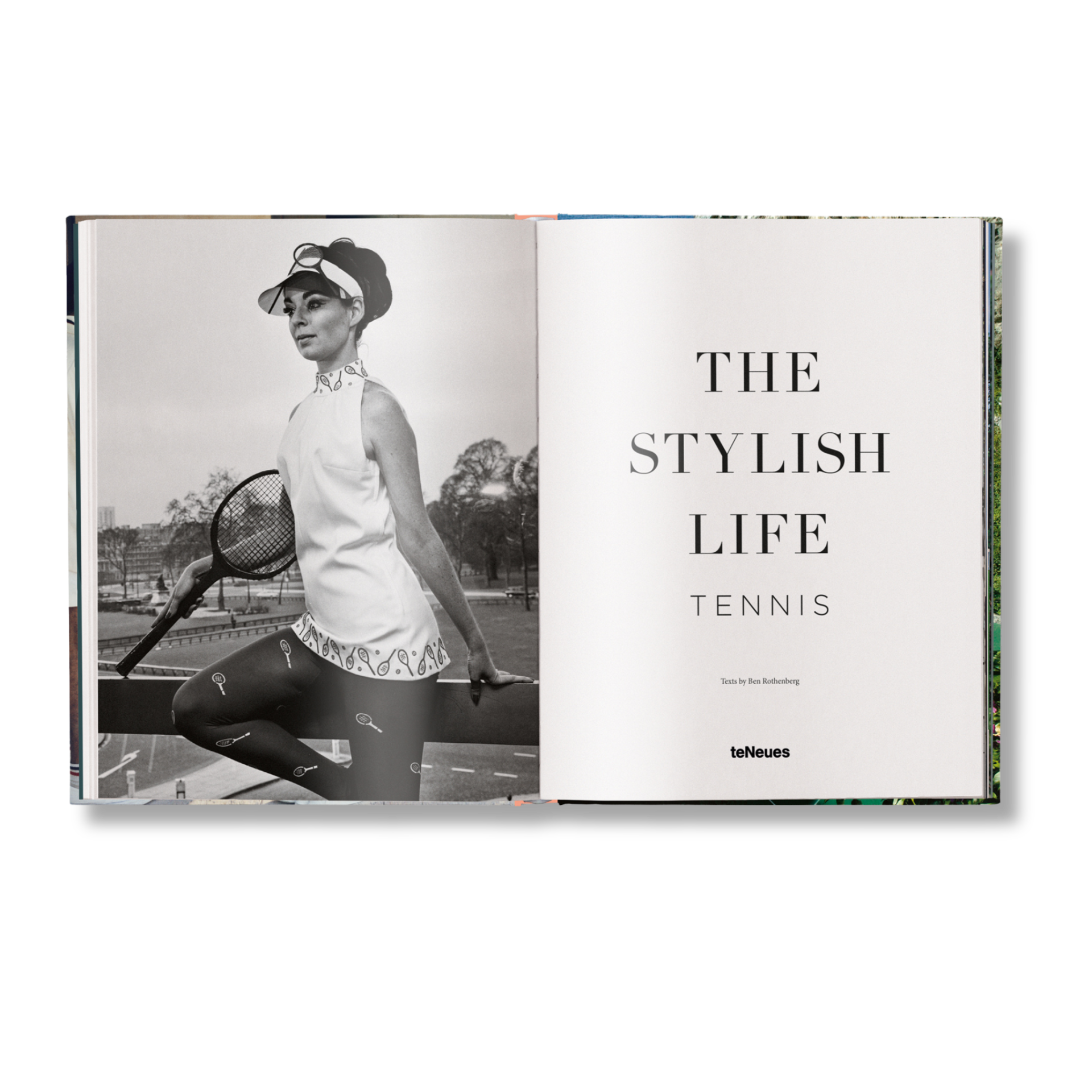 Open book showing a black and white photo of a woman playing tennis and text 'The Stylish Life Tennis' on a white background.