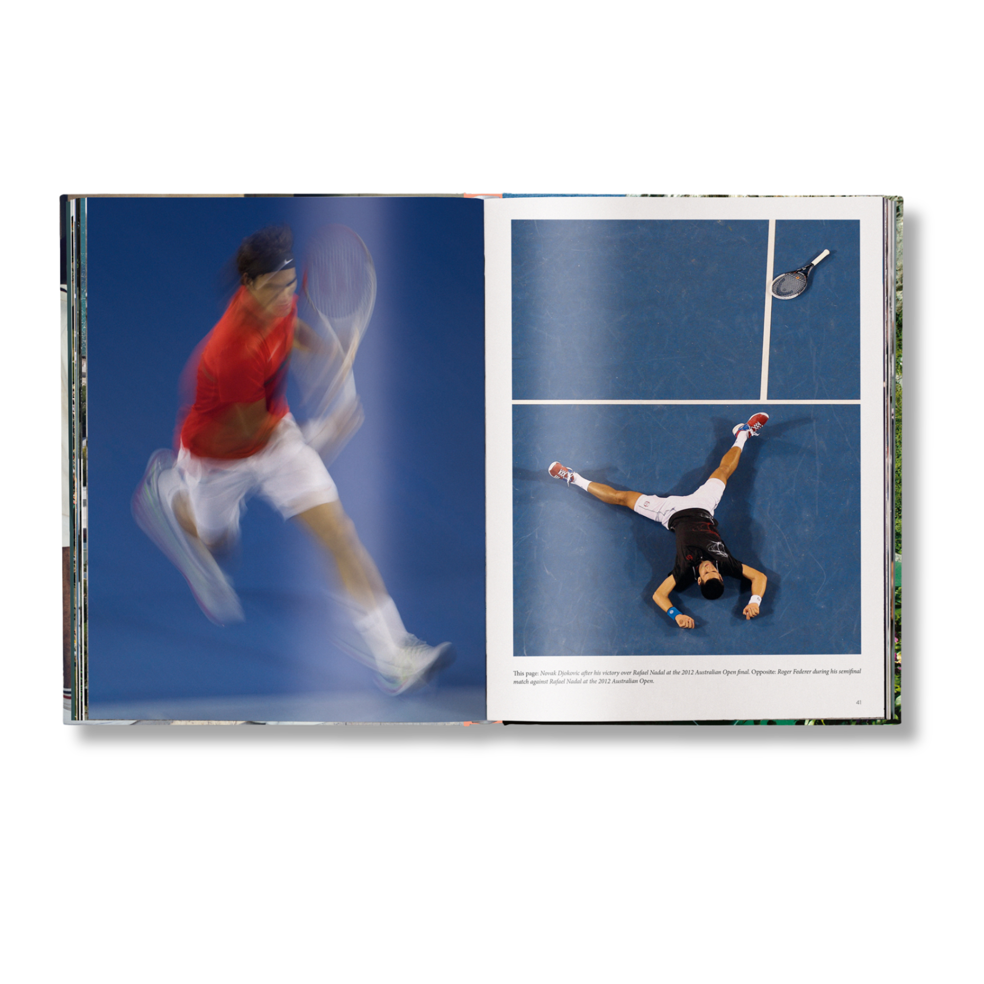 Open book showing two tennis players in action on a blue court