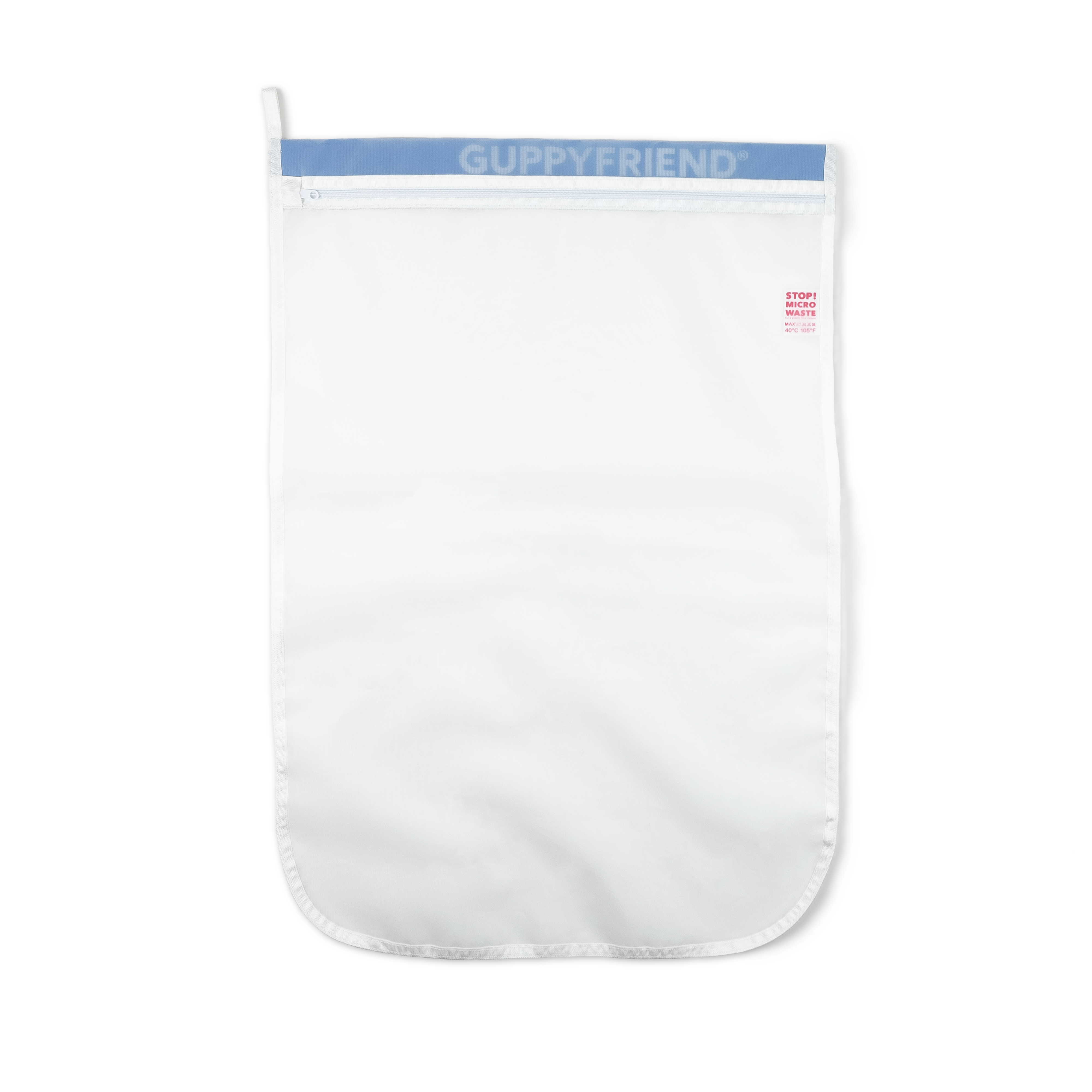 White mesh bag with blue top section on a white background