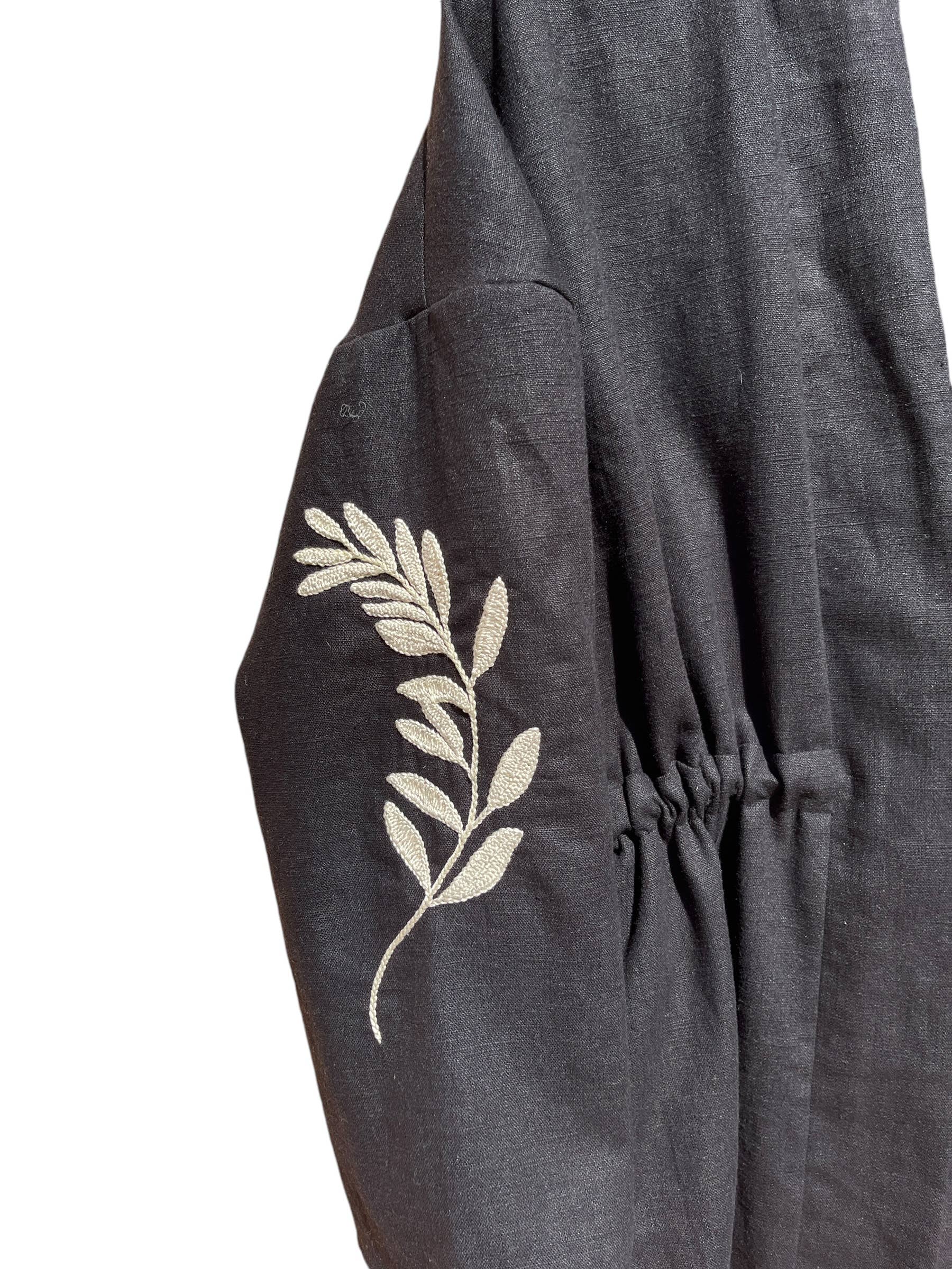 Nopal Jacket in Hand Embroidered Black Canvas Linen