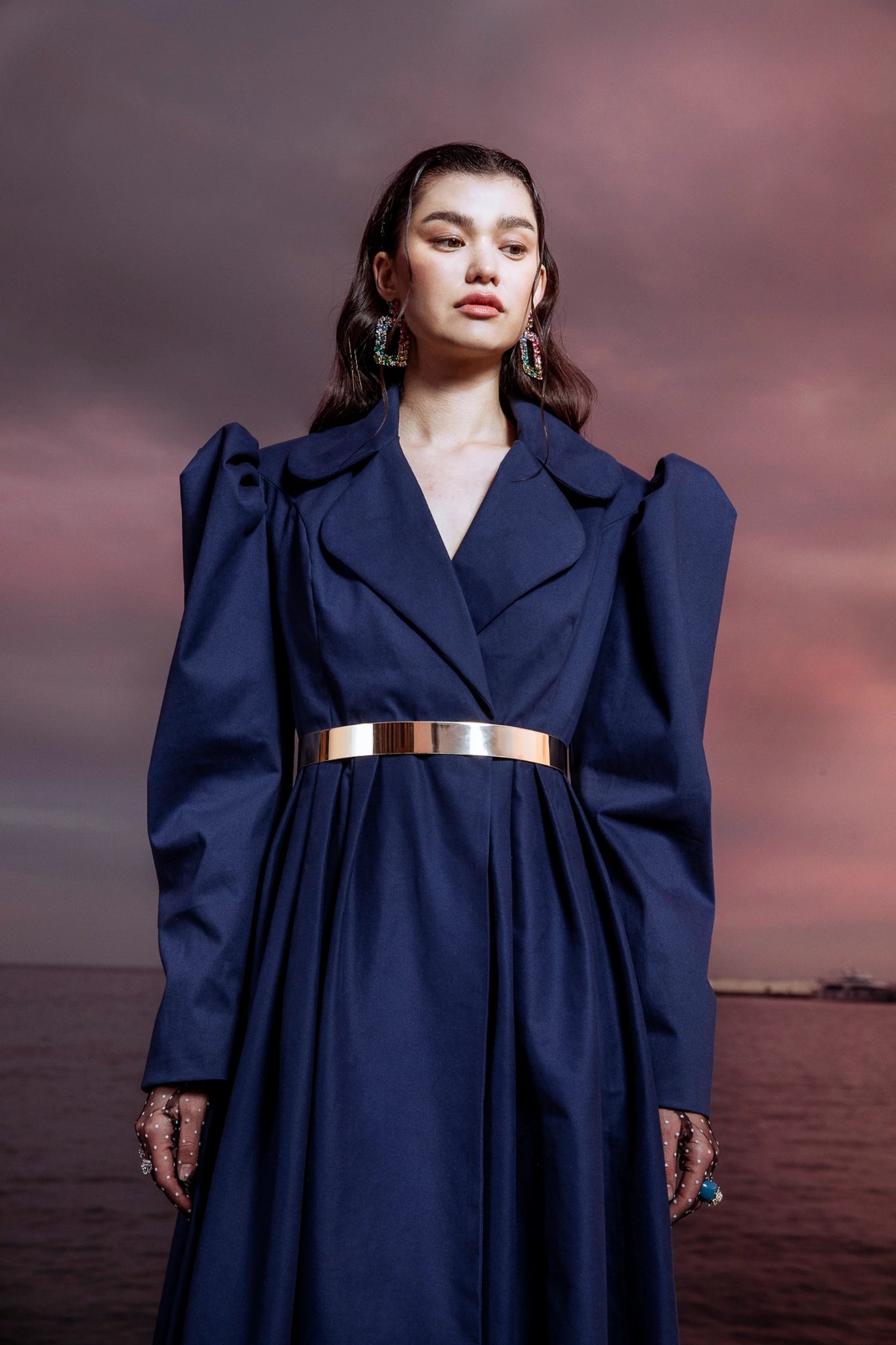Dark Blue Puff Sleeve Overcoat