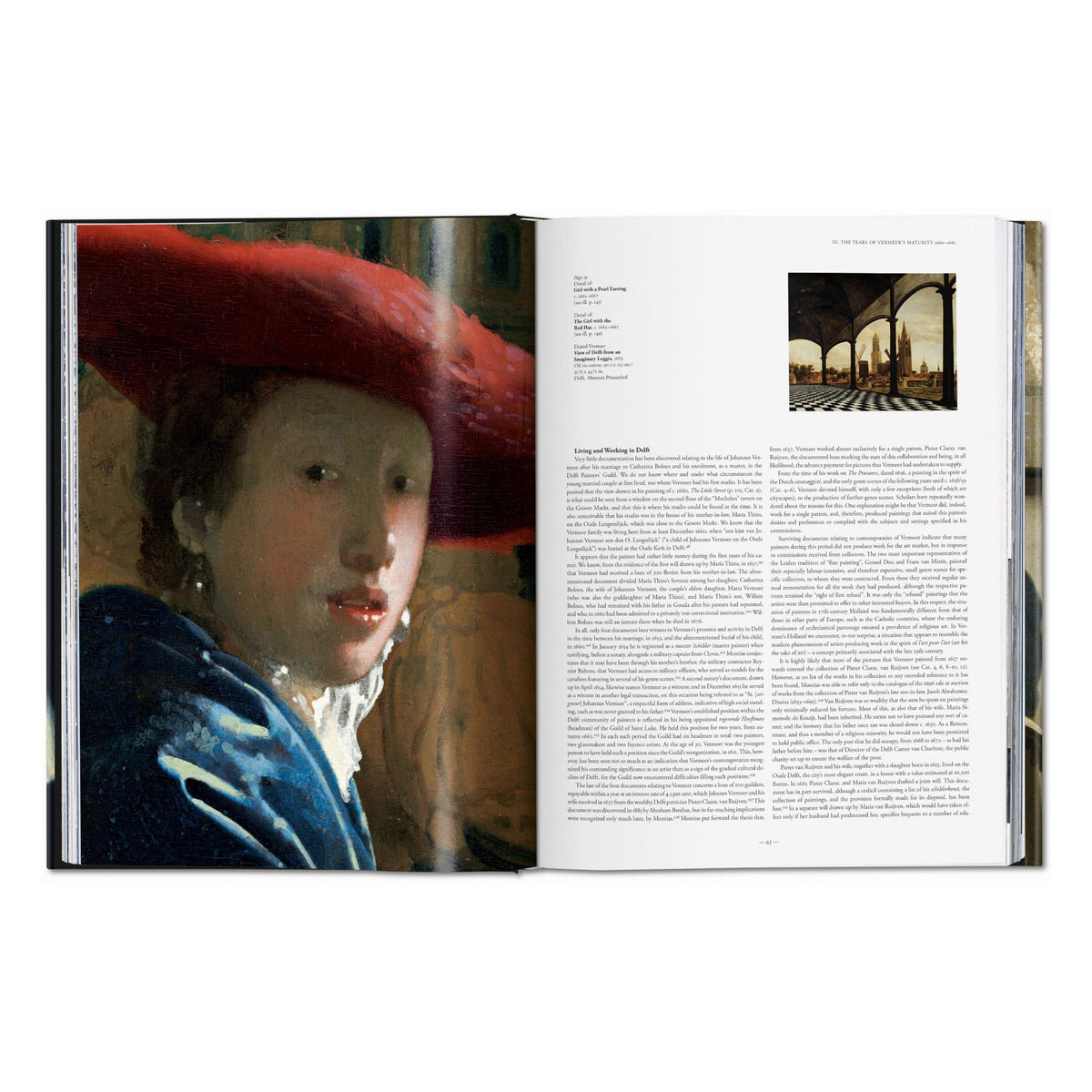 Open book showing a detailed illustration of a person with a red hat on the left page and text on the right page.
