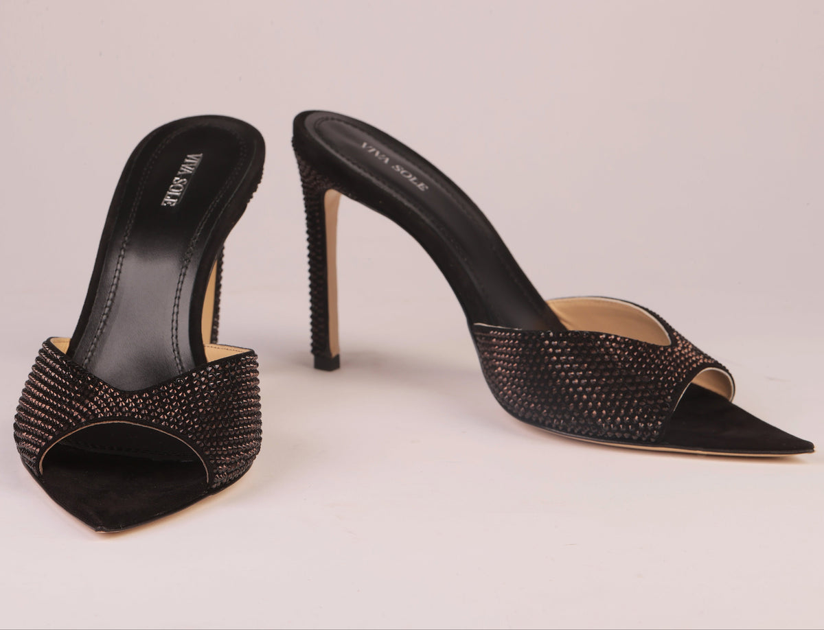 Noir Allure Mule | Black Suede Mule with Italian Rhinestones