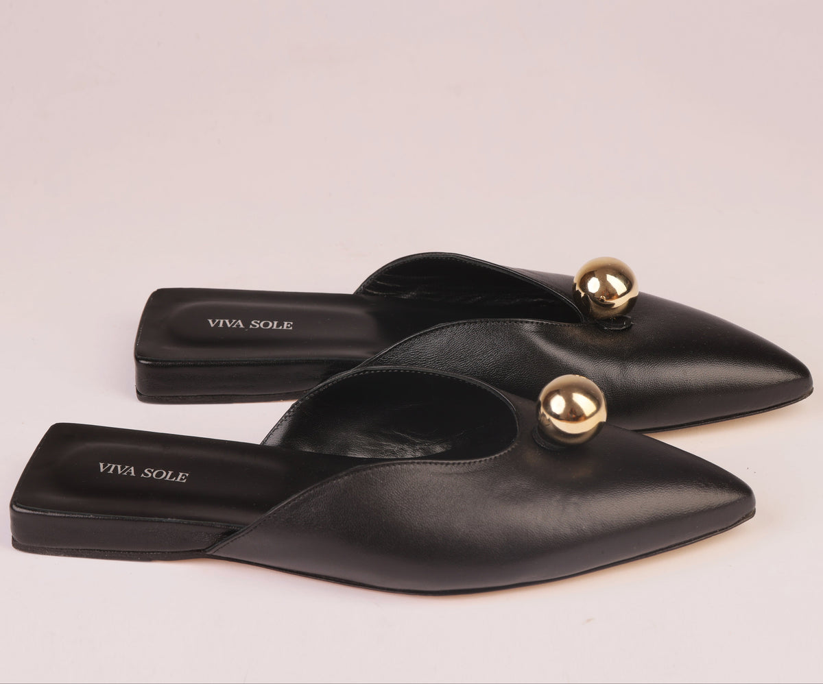 Aurora Slide | Black Nappa Slipper with Sculptural Sphere Detail