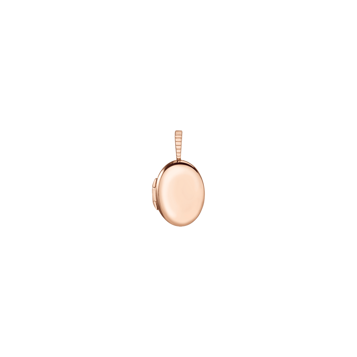 A rose gold oval locket pendant with a smooth, polished finish and a textured bail, shown on a solid white background.