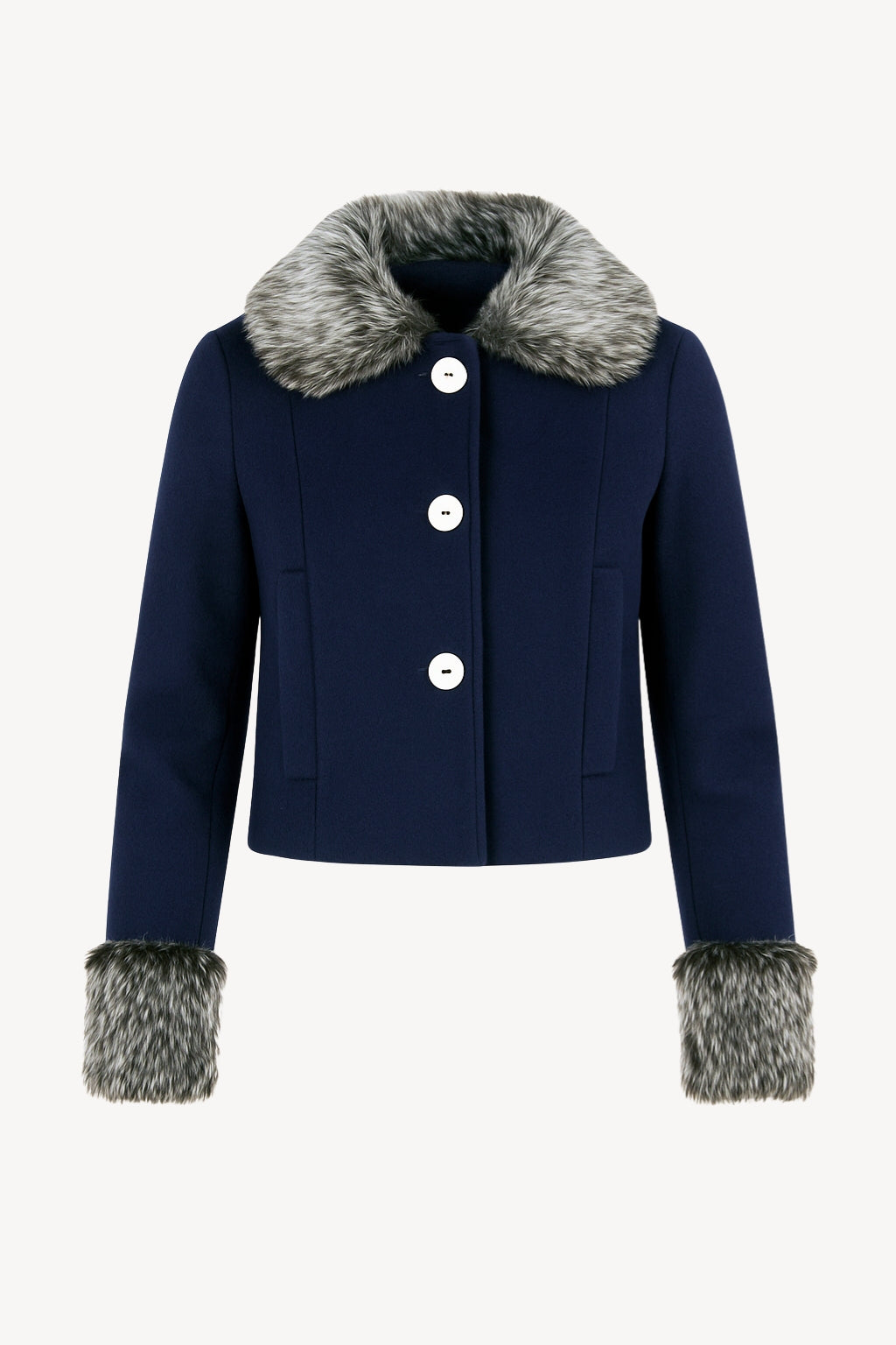 Navy Blue Wool jacket with grey Faux Fur Collar