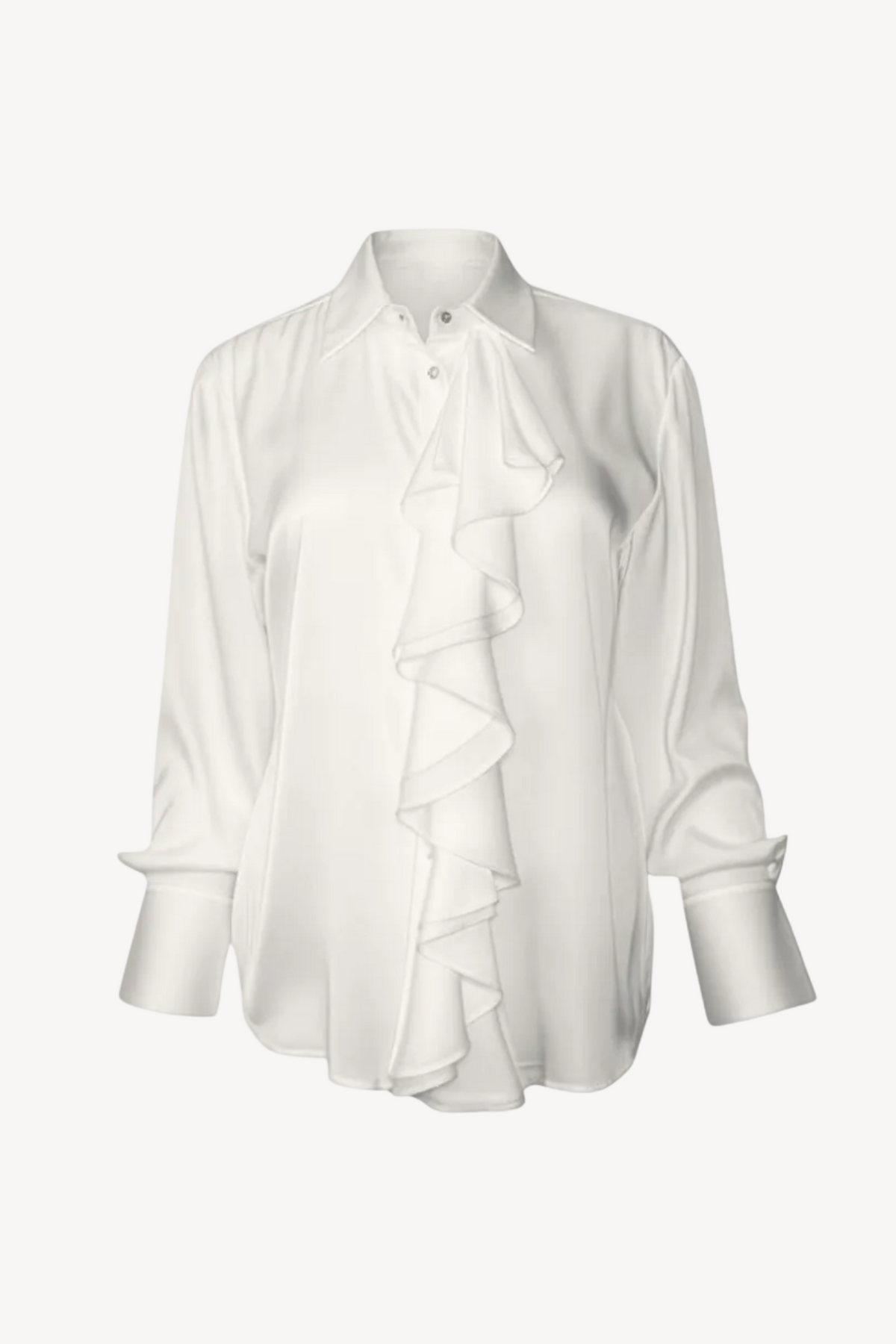 White blouse with ruffled details on a light gray background