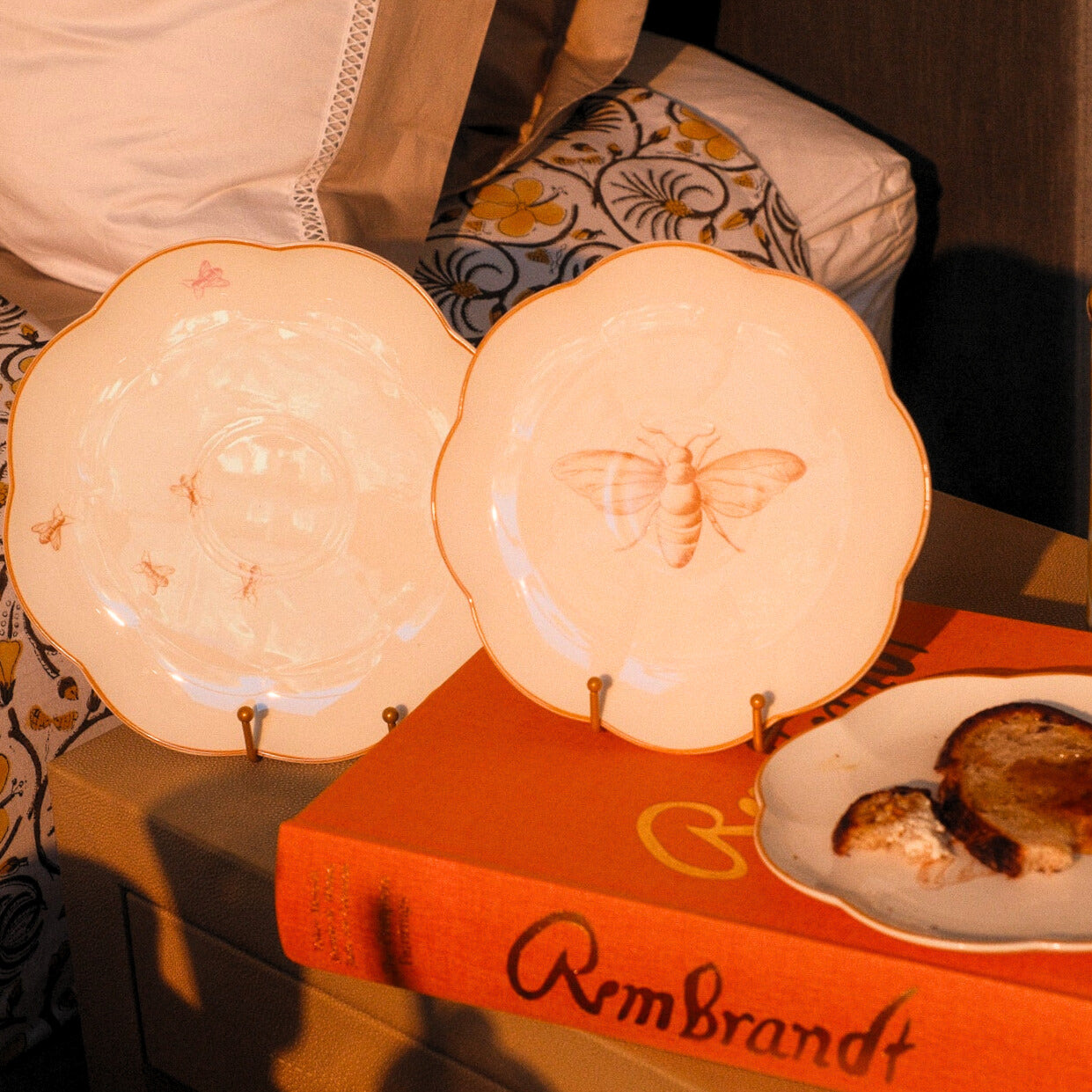 Two decorative plates with butterfly designs on a Rembrandt book