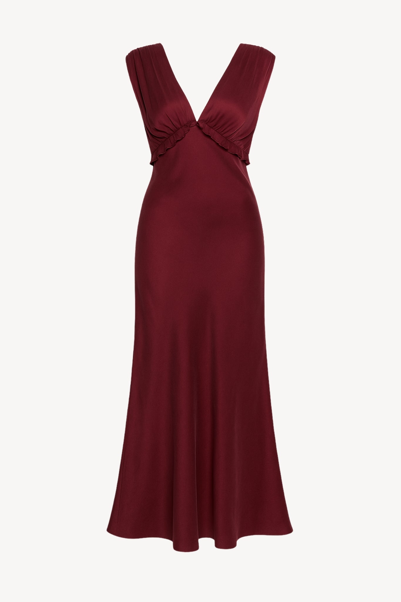 Bordeaux evening gown with a deep neckline on a white background