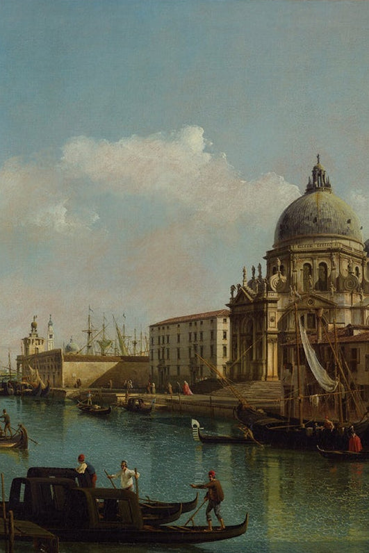 Painting of a canal scene with boats and buildings, likely from Venice.