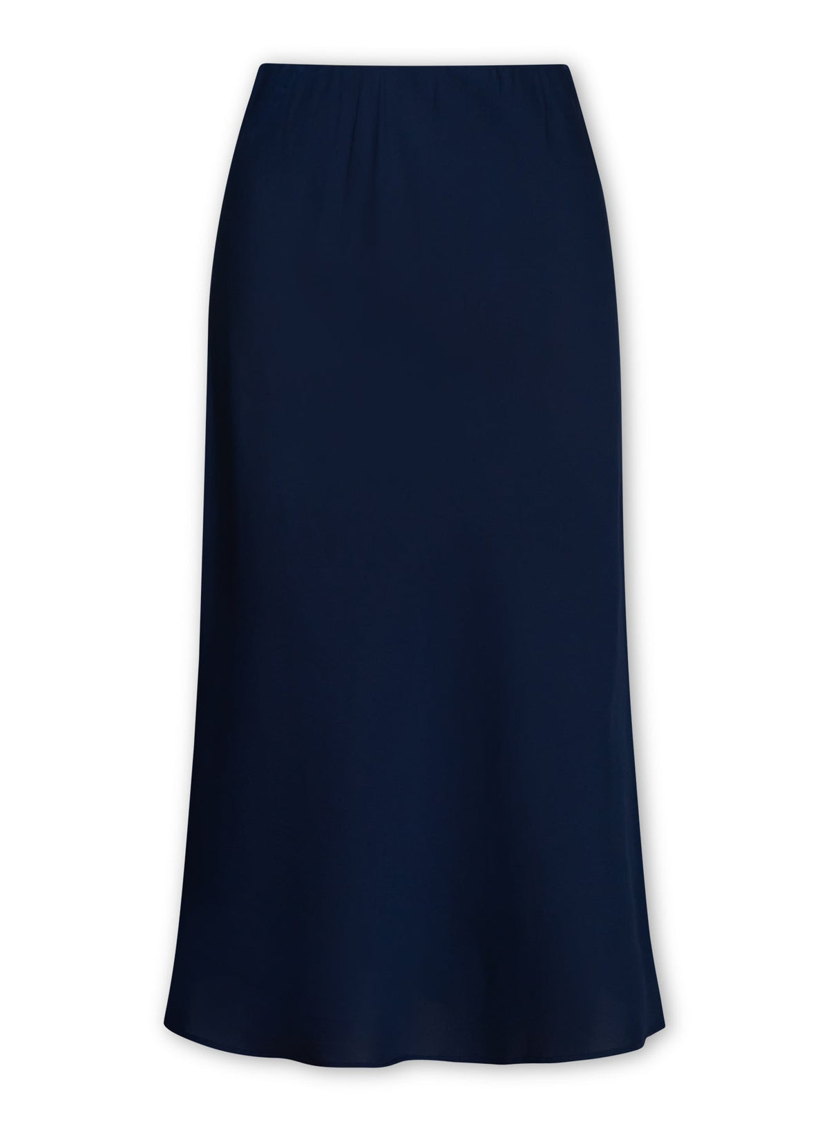 A dark navy blue silk midi skirt with a gathered elastic waistband, shown against a plain white background.