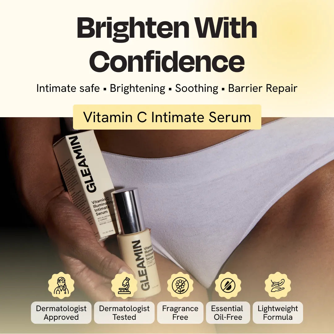 Gleamin Vitamin C Intimate Serum with product and branding details on a neutral background