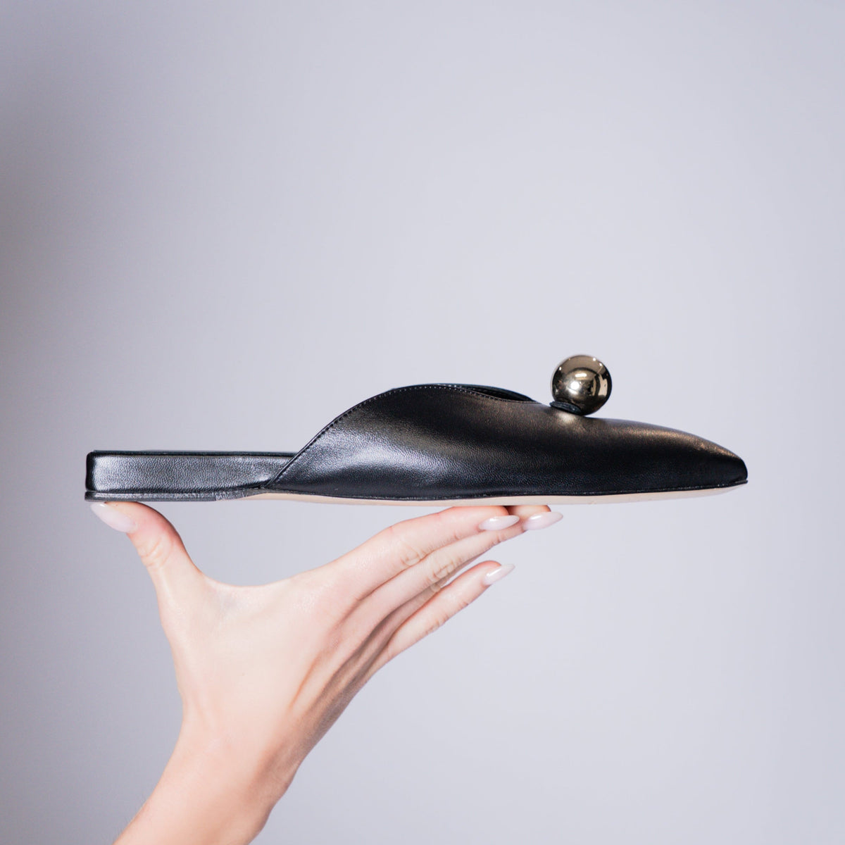 Aurora Slide | Black Nappa Slipper with Sculptural Sphere Detail