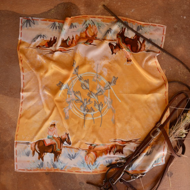 Decorative fabric with horse and nature design on a brown background